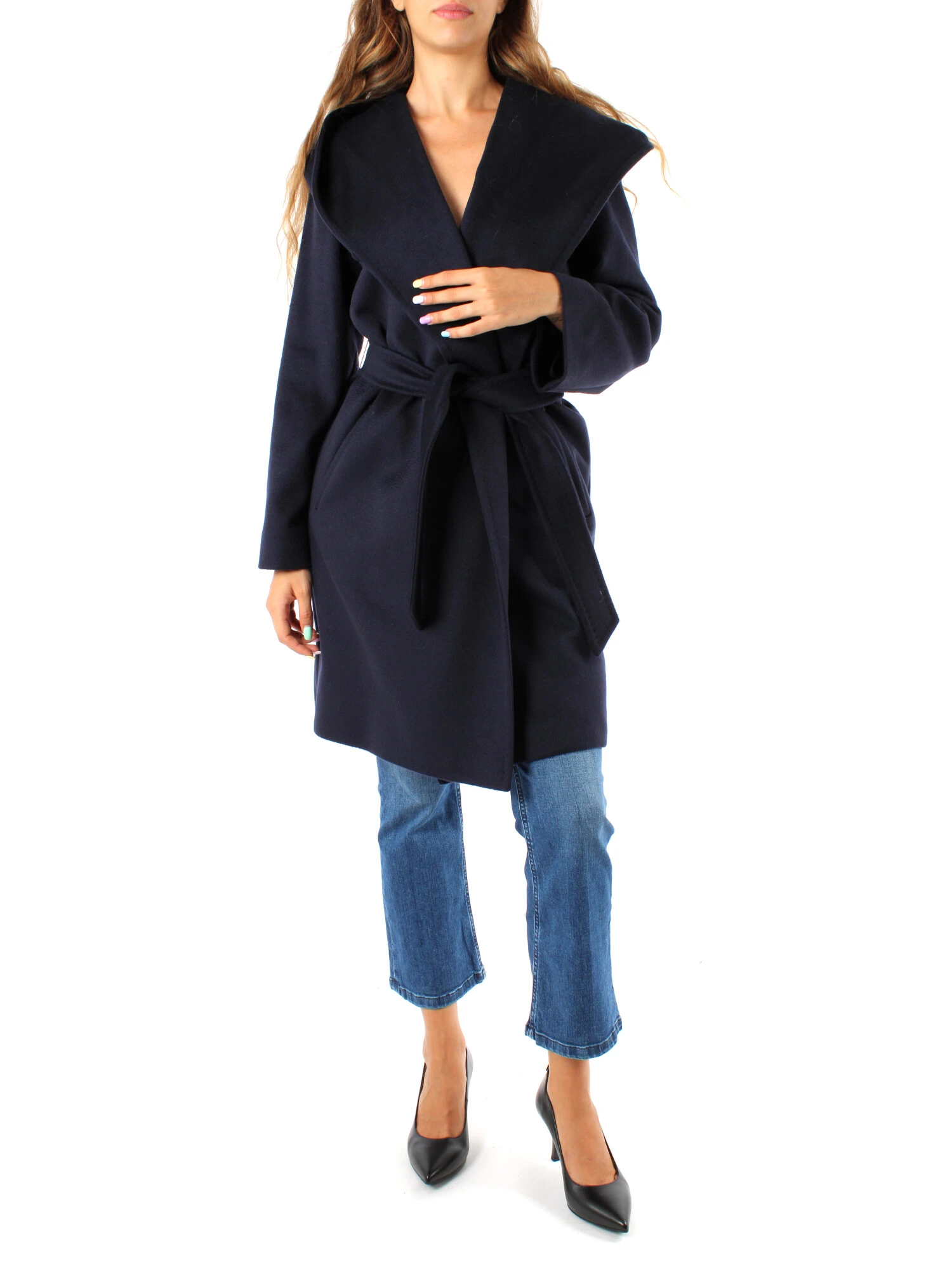 CAPPOTTO CORTO CON CAPPUCCIO IN PURA LANA DONNA BLU