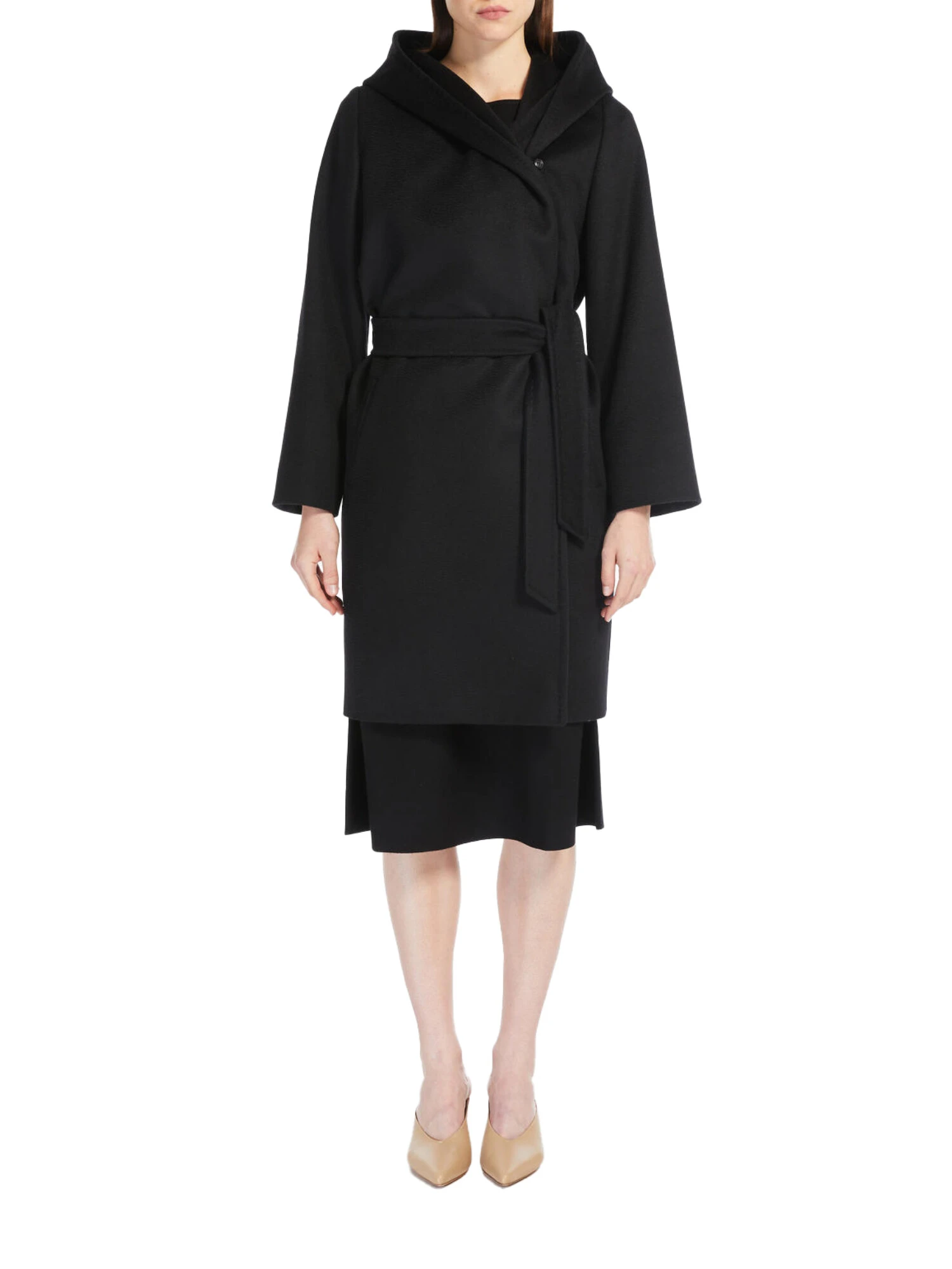 CAPPOTTO CORTO CON CAPPUCCIO IN PURA LANA DONNA NERO