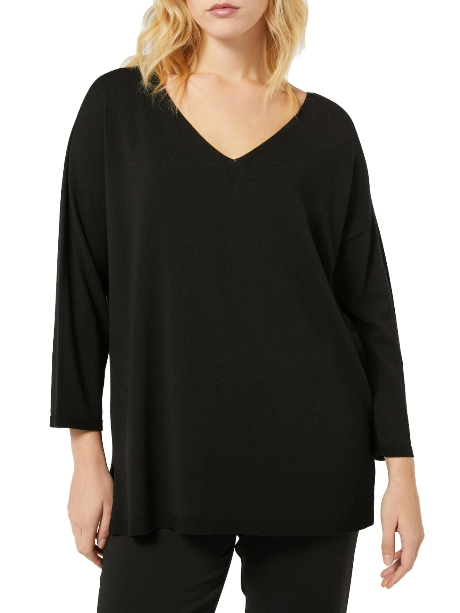 MAGLIA SCOLLO A V MISTO VISCOSA DONNA NERO