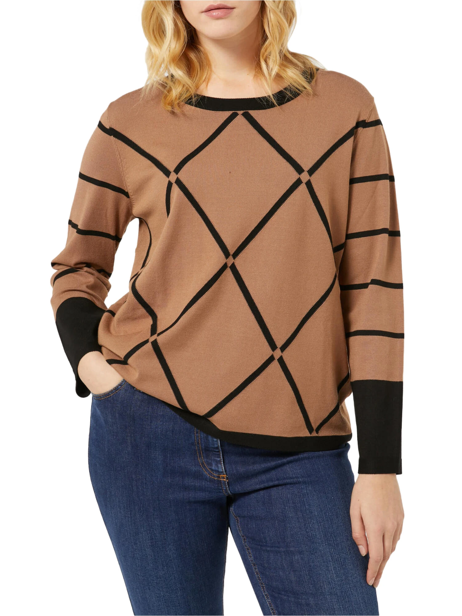 MAGLIA GIROCOLLO IN VISCOSA STRETCH CON FANTASIA GEOMETRICA DONNA BEIGE E NERO