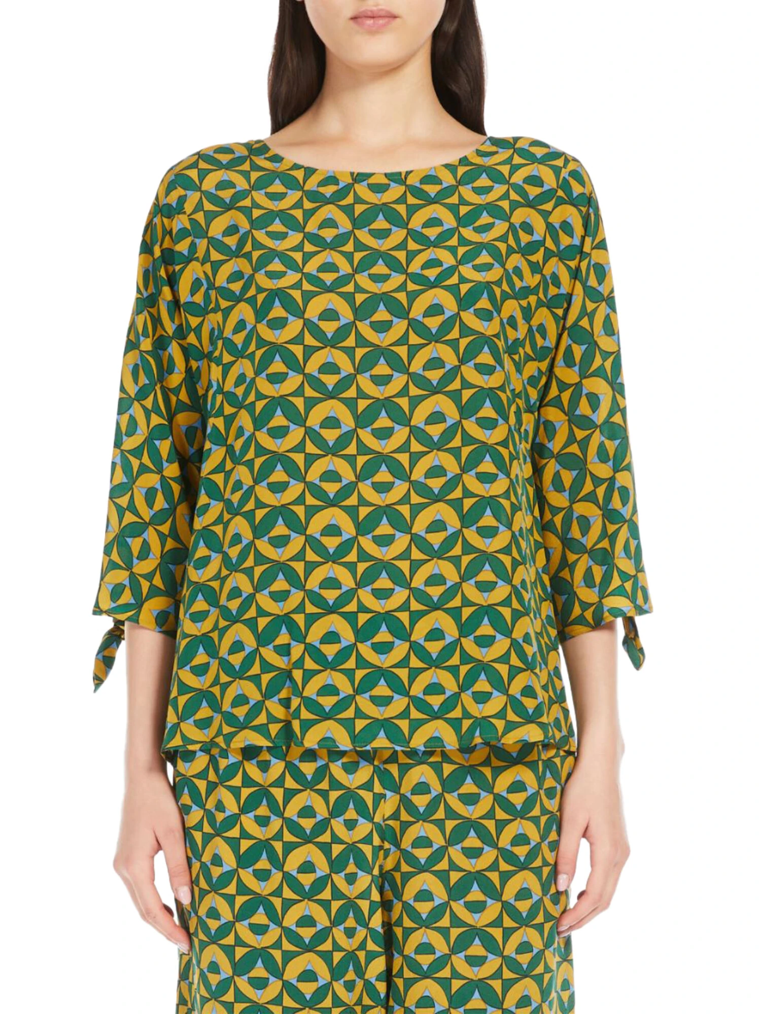 BLUSA IN CREPE DE CHINE PURA SETA CON FANTASIA GEOMETRICA DONNA VERDE