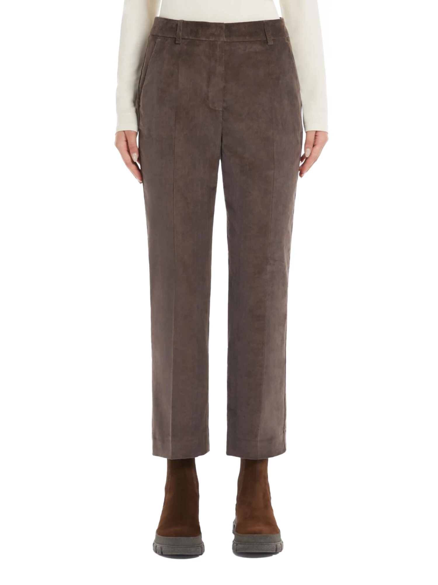 PANTALONI CROPPED IN VELLUTO DI COTONE A RIGHE MONOELASTICO DONNA MARRONE