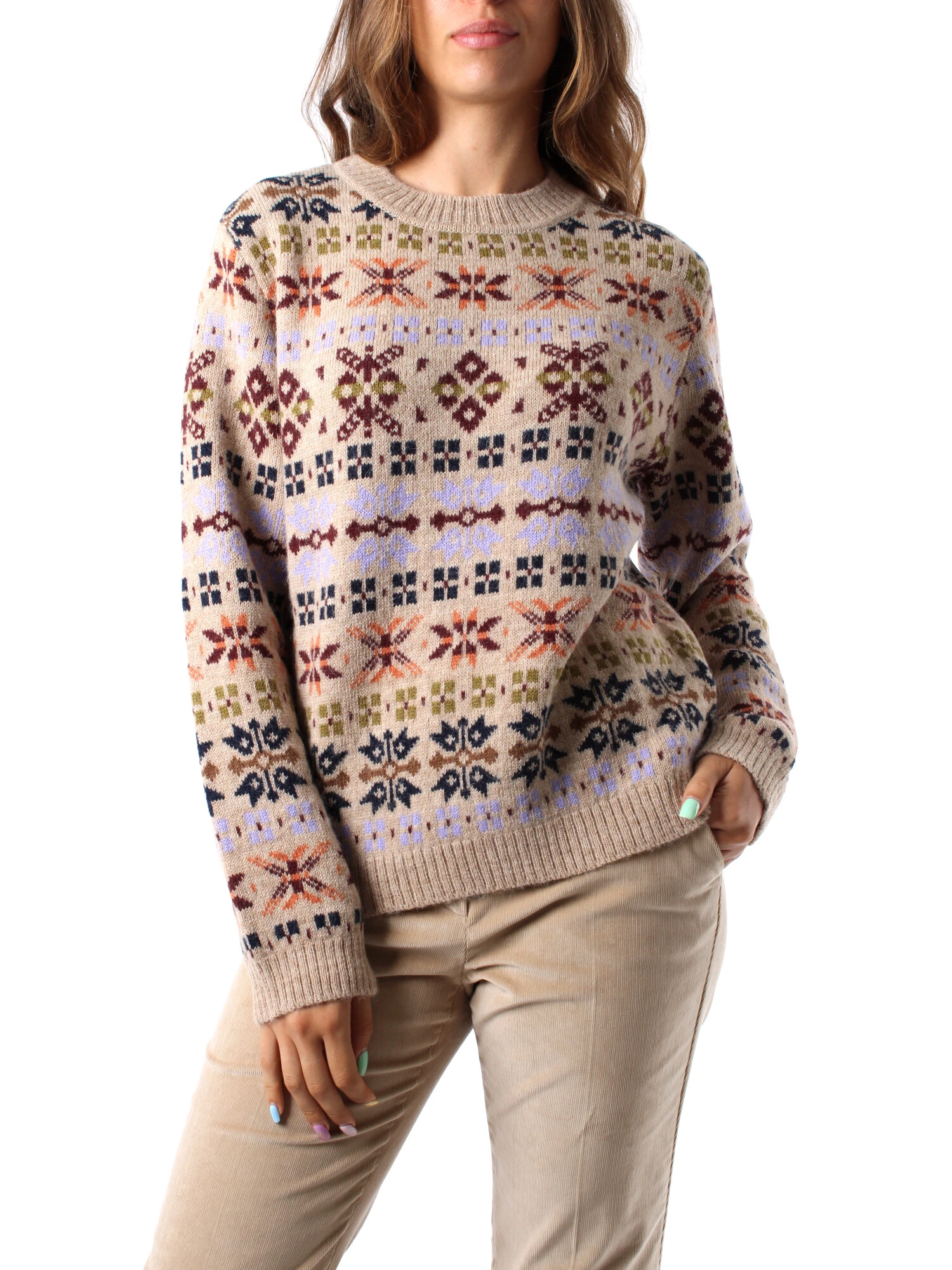 MAGLIA GIROCOLLO IN MISTO LANA E ALPACA IN JACQUARD DONNA BEIGE