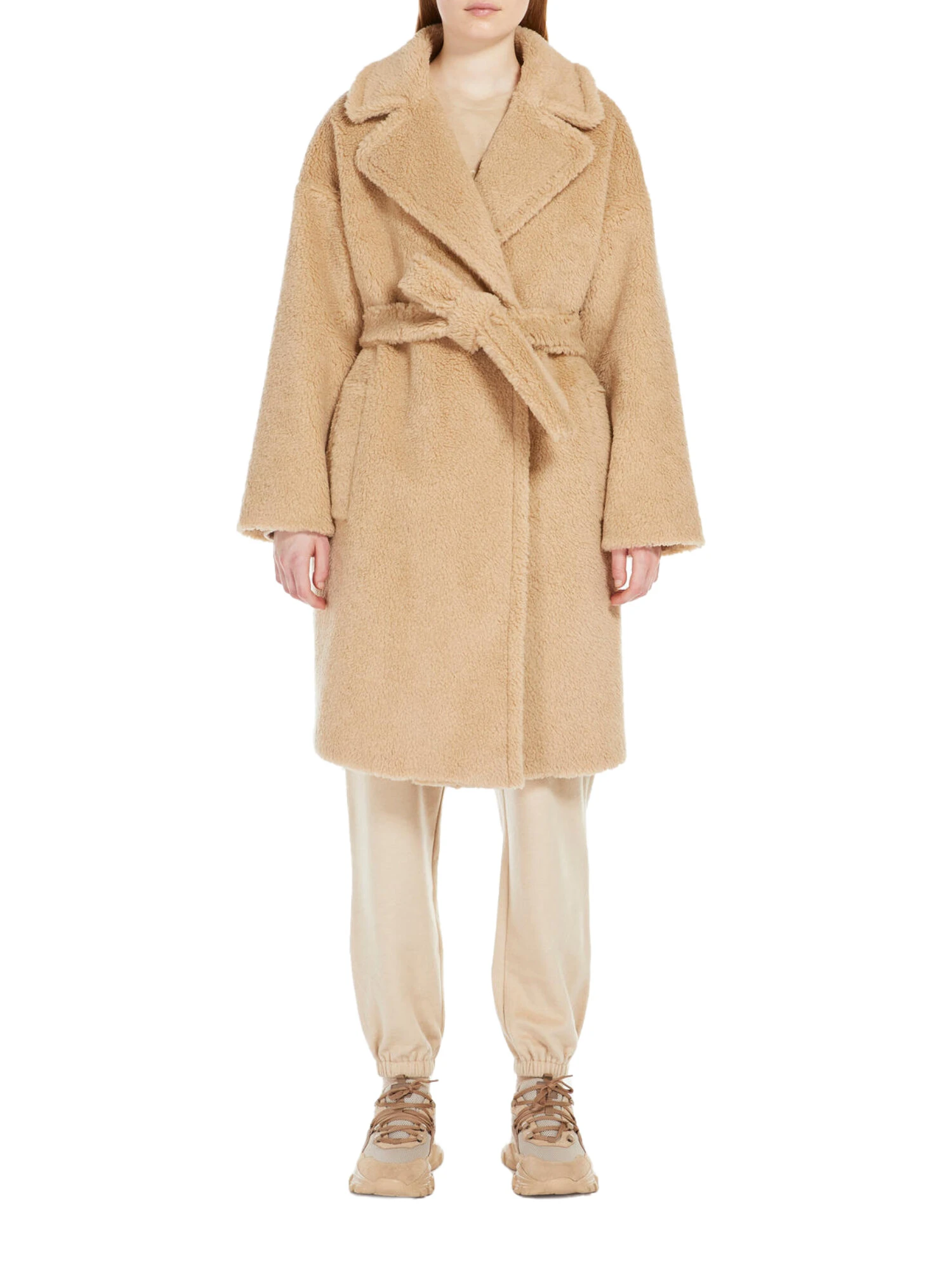 CAPPOTTO LUNGO IN MISTO LANA VERGINE A VESTAGLIA CON CINTURA DONNA BEIGE