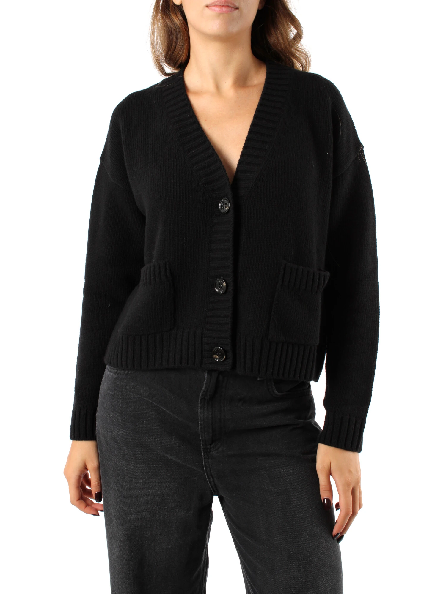 CARDIGAN IN FILATO DI PURA LANA DONNA NERO