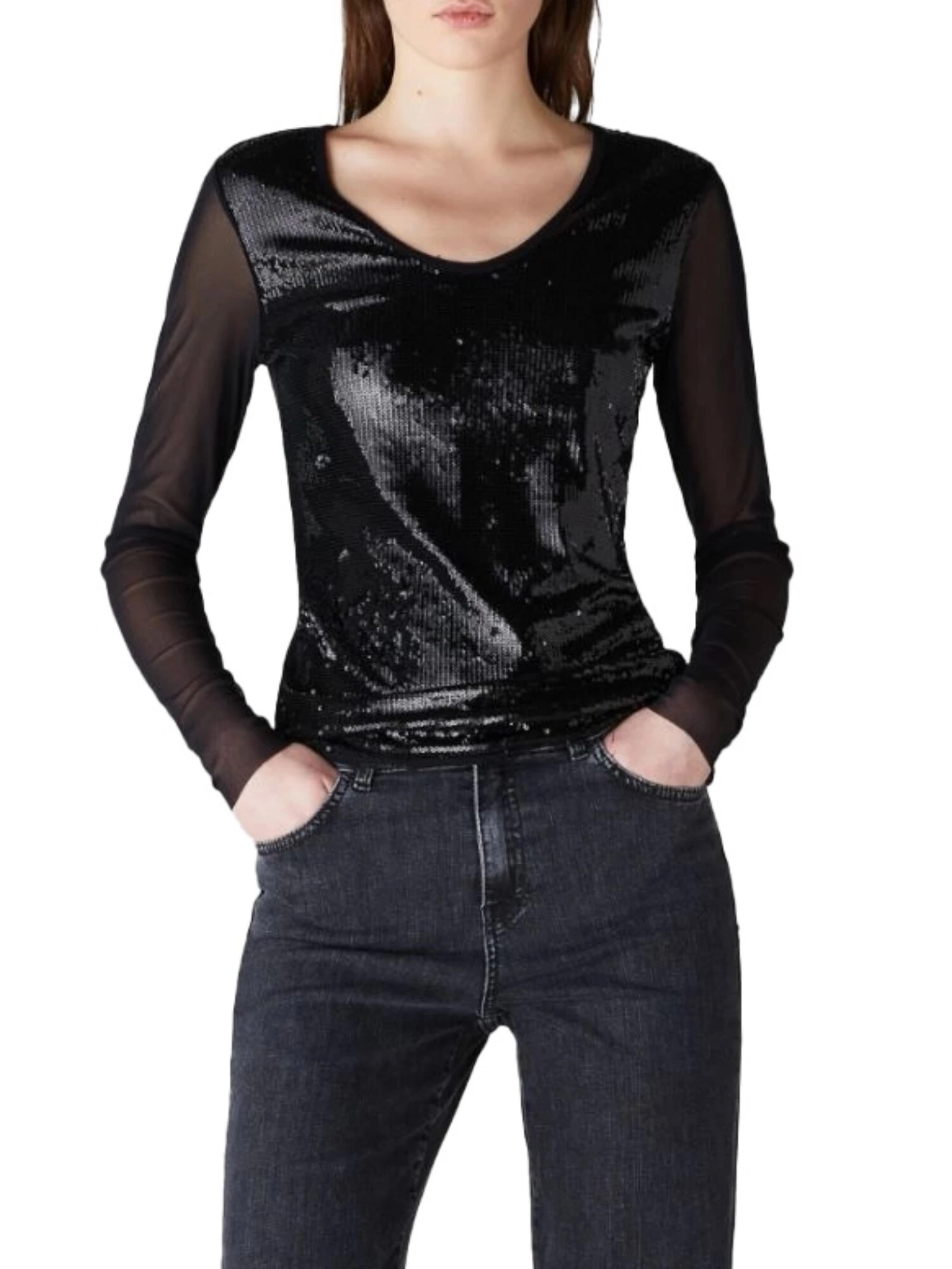 T-SHIRT MANICA LUNGA CON RICAMO E PAILLETTES DONNA NERO