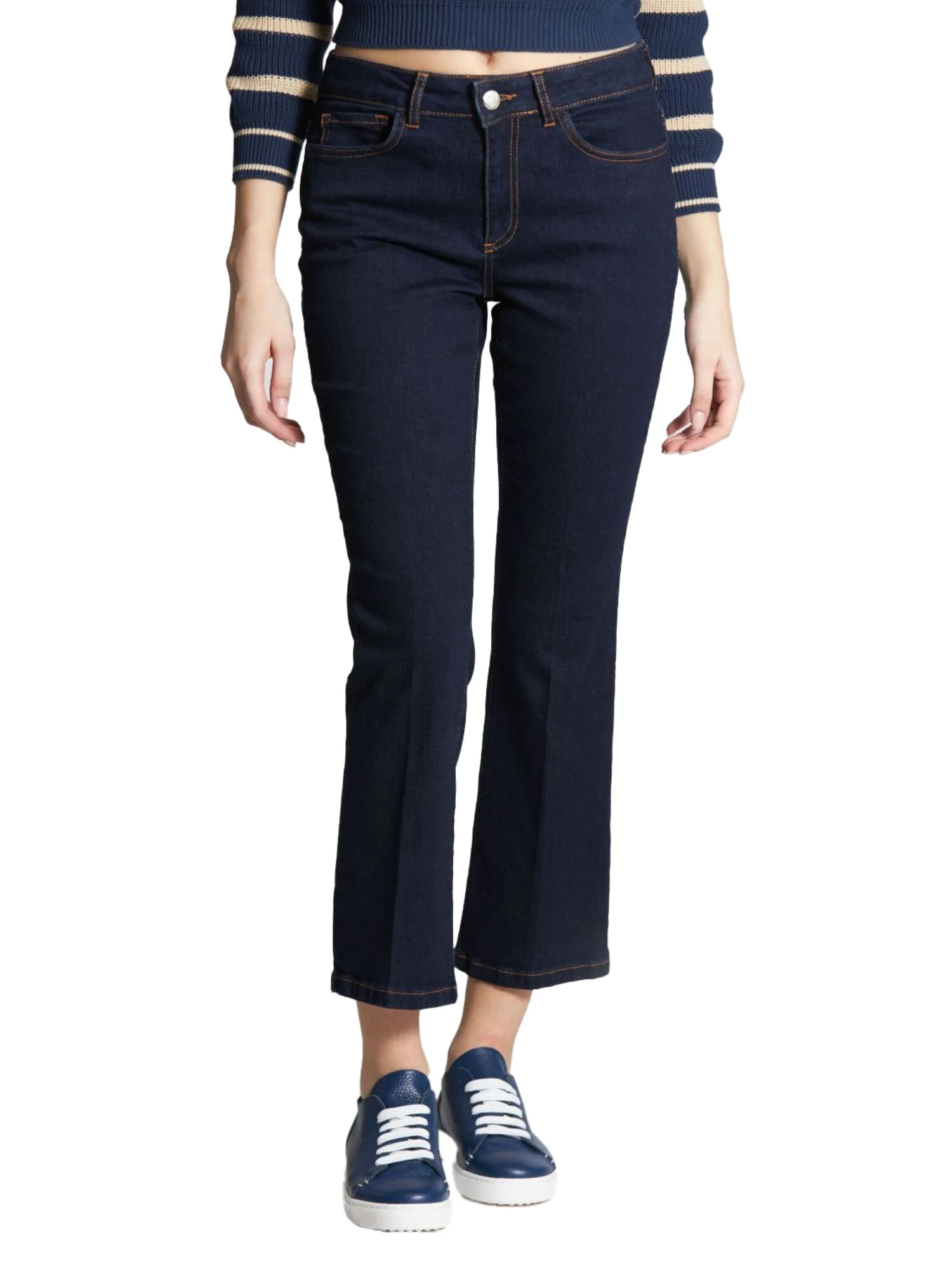 JEANS CROPPED A ZAMPA IN DENIM DI COTONE LAVATO DONNA BLU