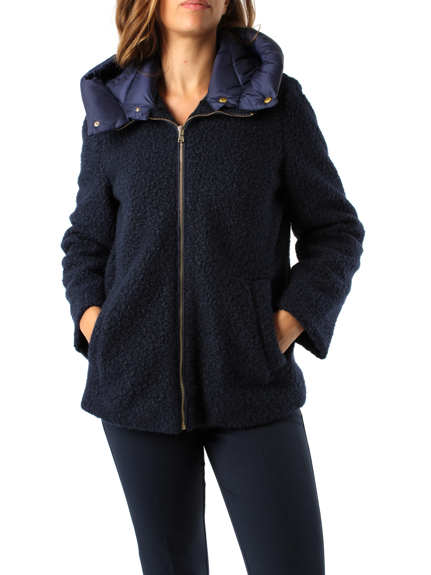 CAPPOTTO CORTO CON CAPPUCCIO A NAVETTA E ZIP DONNA BLU