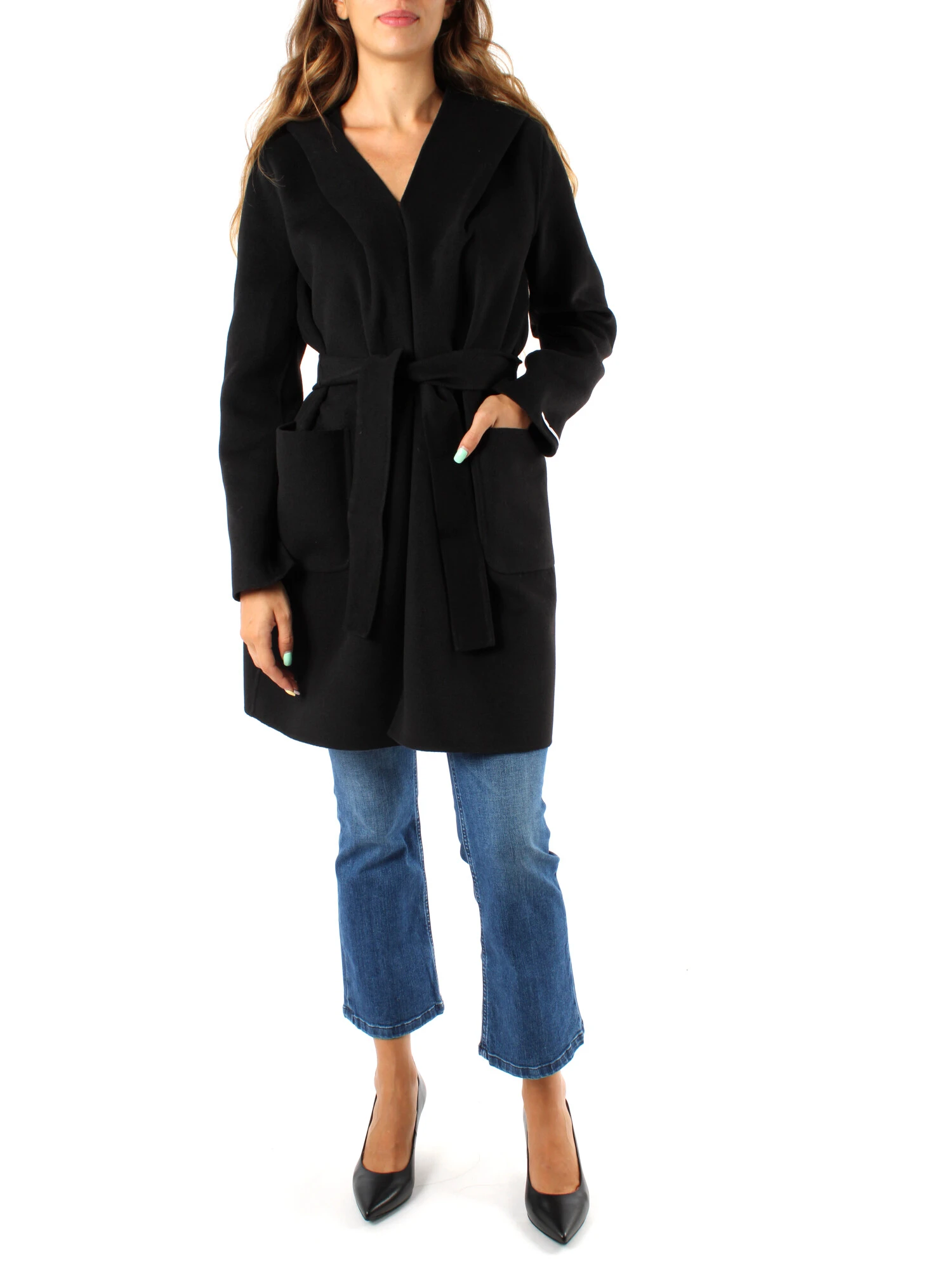 CAPPOTTO LUNGO CON CINTURA E CAPPUCCIO DONNA NERO