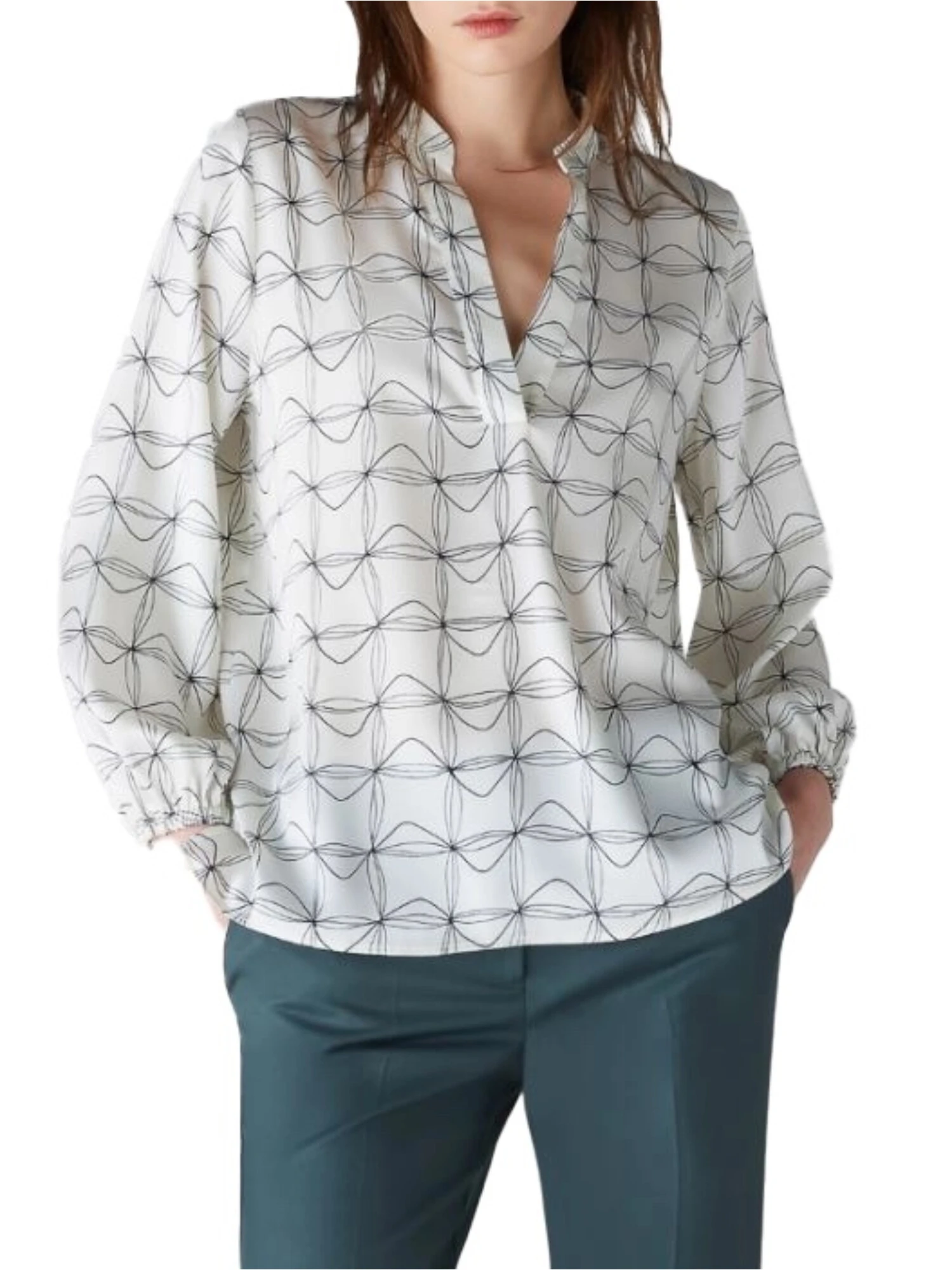 BLUSA CON STAMPA A FANTASIA E SCOLLO A V DONNA BIANCO