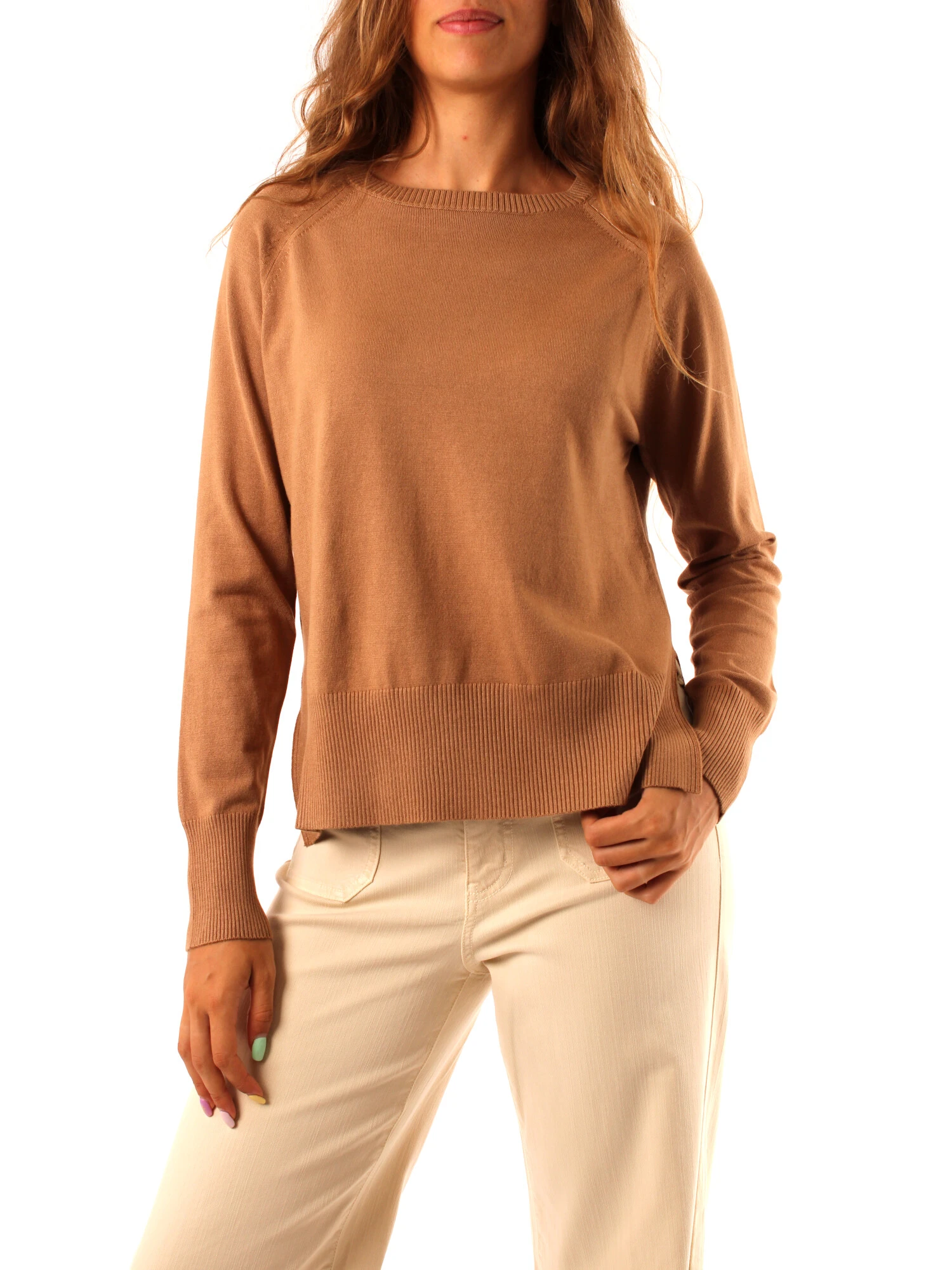 MAGLIA GIROCOLLO IN FILATO DI VISCOSA A RIGHE DONNA BEIGE