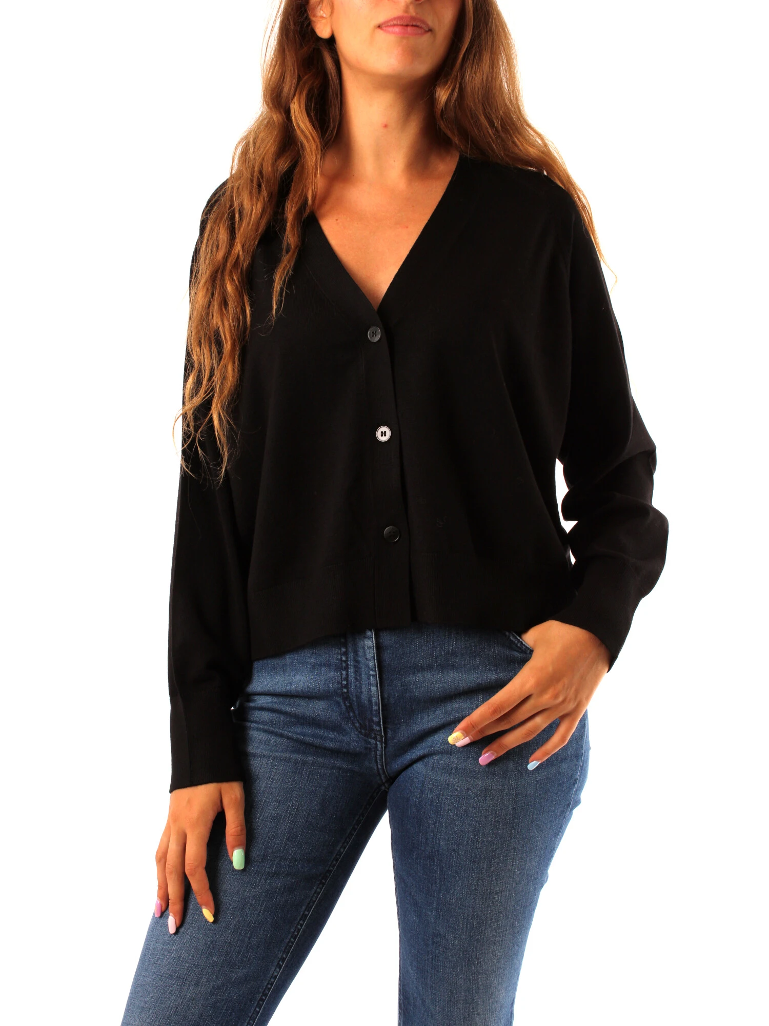 CARDIGAN IN MAGLIA DI VISCOSA CON POLSINI A COSTINE DONNA NERO