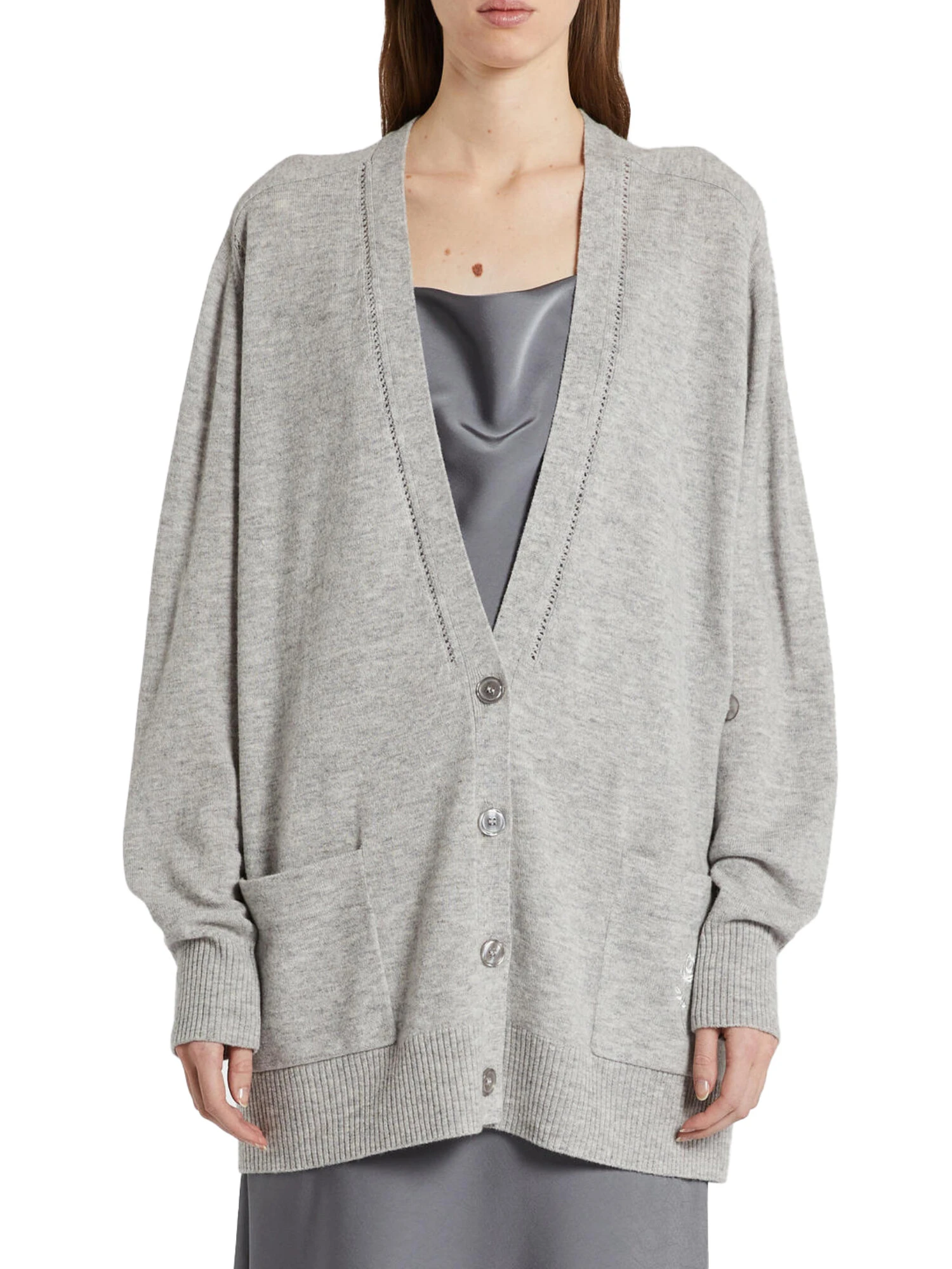 CARDIGAN LUNGO CON RICAMI IN PURA LANA DONNA GRIGIO