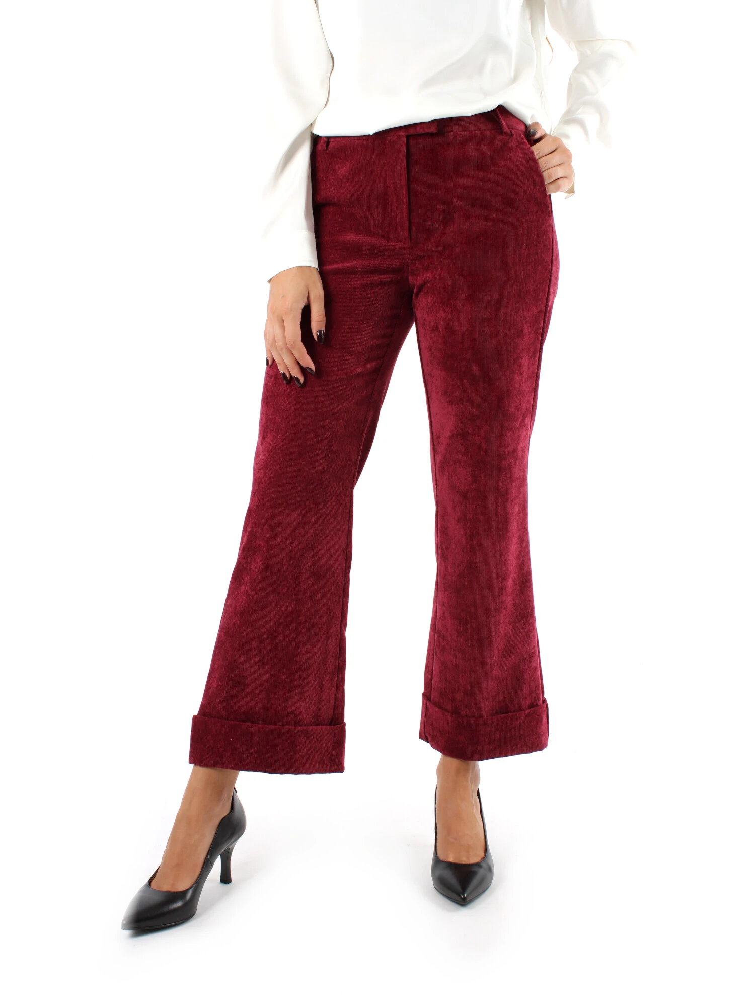 PANTALONI ZAMPA IN VELLUTO A COSTE FINE ELASTICO DONNA ROSSO