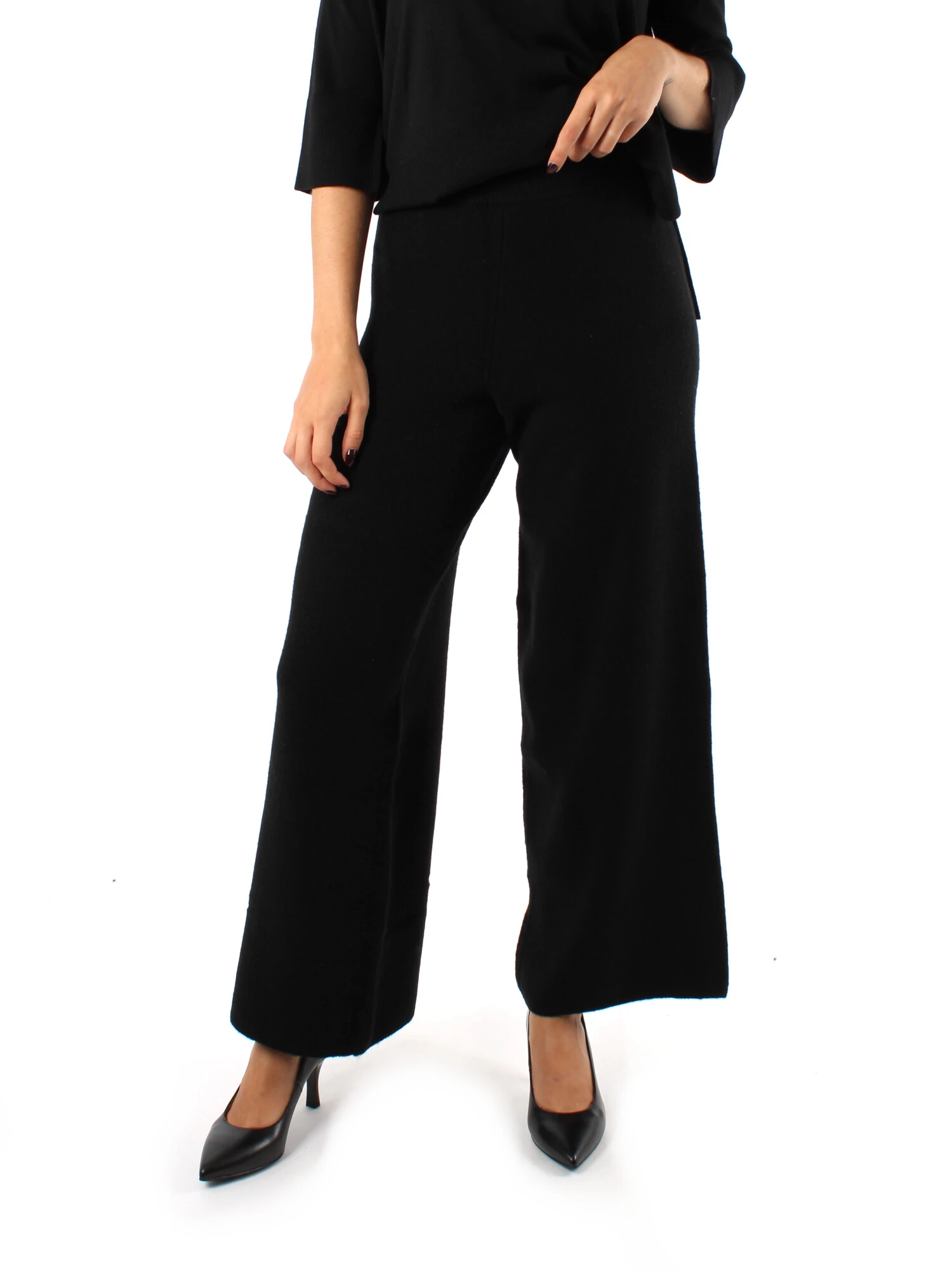 PANTALONI PALAZZO MISTO LANA DONNA NERO