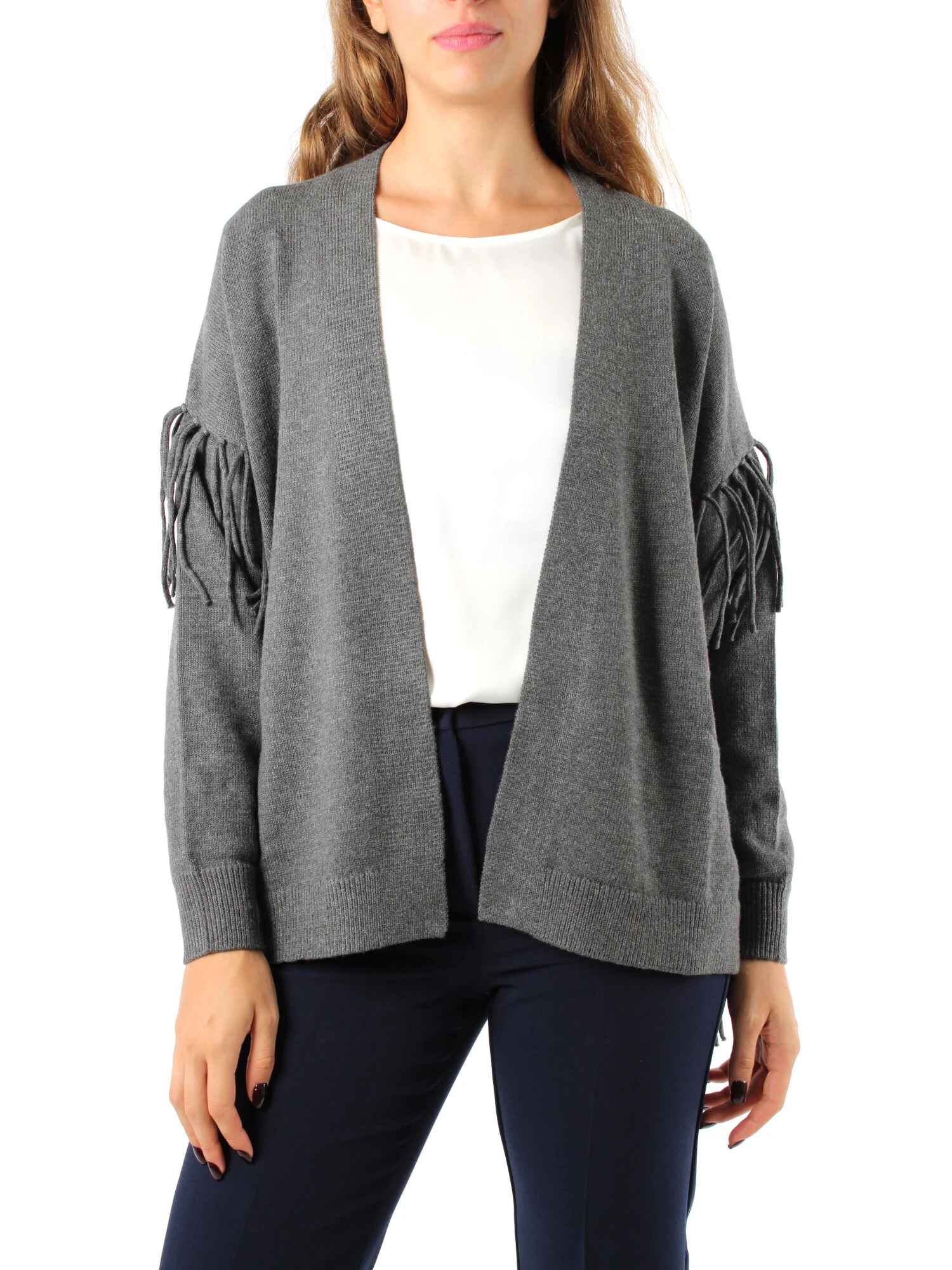 CARDIGAN CON FRANGE IN MISTO VISCOSA DONNA GRIGIO