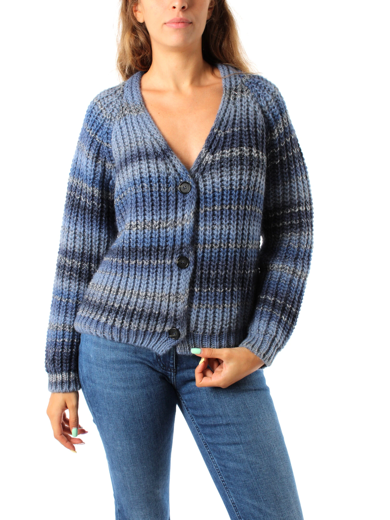 CARDIGAN IN MISTO LANA CON FANTASIA STAMPATA DONNA AZZURRO