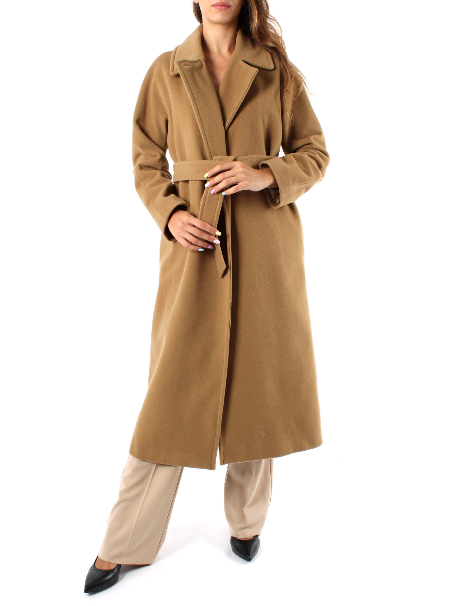 CAPPOTTO LUNGO A VESTAGLIA IN MISTO LANA VERGINE DONNA BEIGE