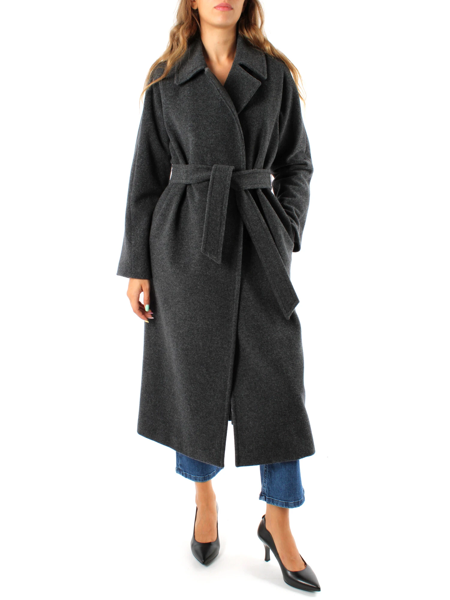 CAPPOTTO LUNGO A VESTAGLIA IN MISTO LANA VERGINE DONNA GRIGIO