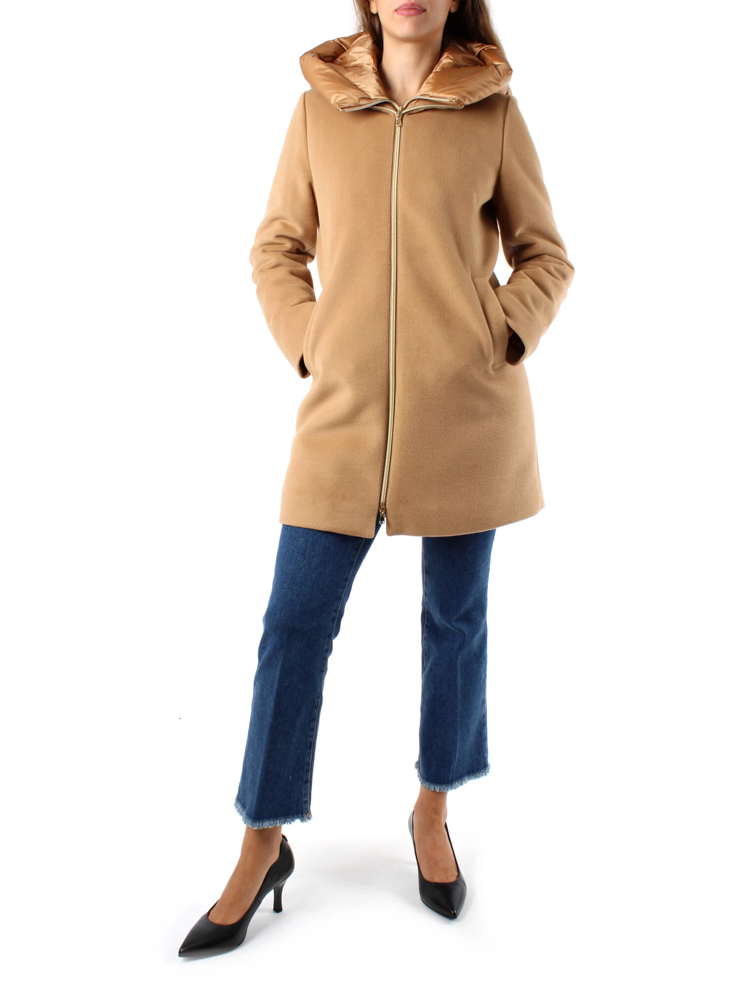 PIUMINO LUNGO IMBOTTITO CON CAPPUCCIO A NAVETTA DONNA BEIGE