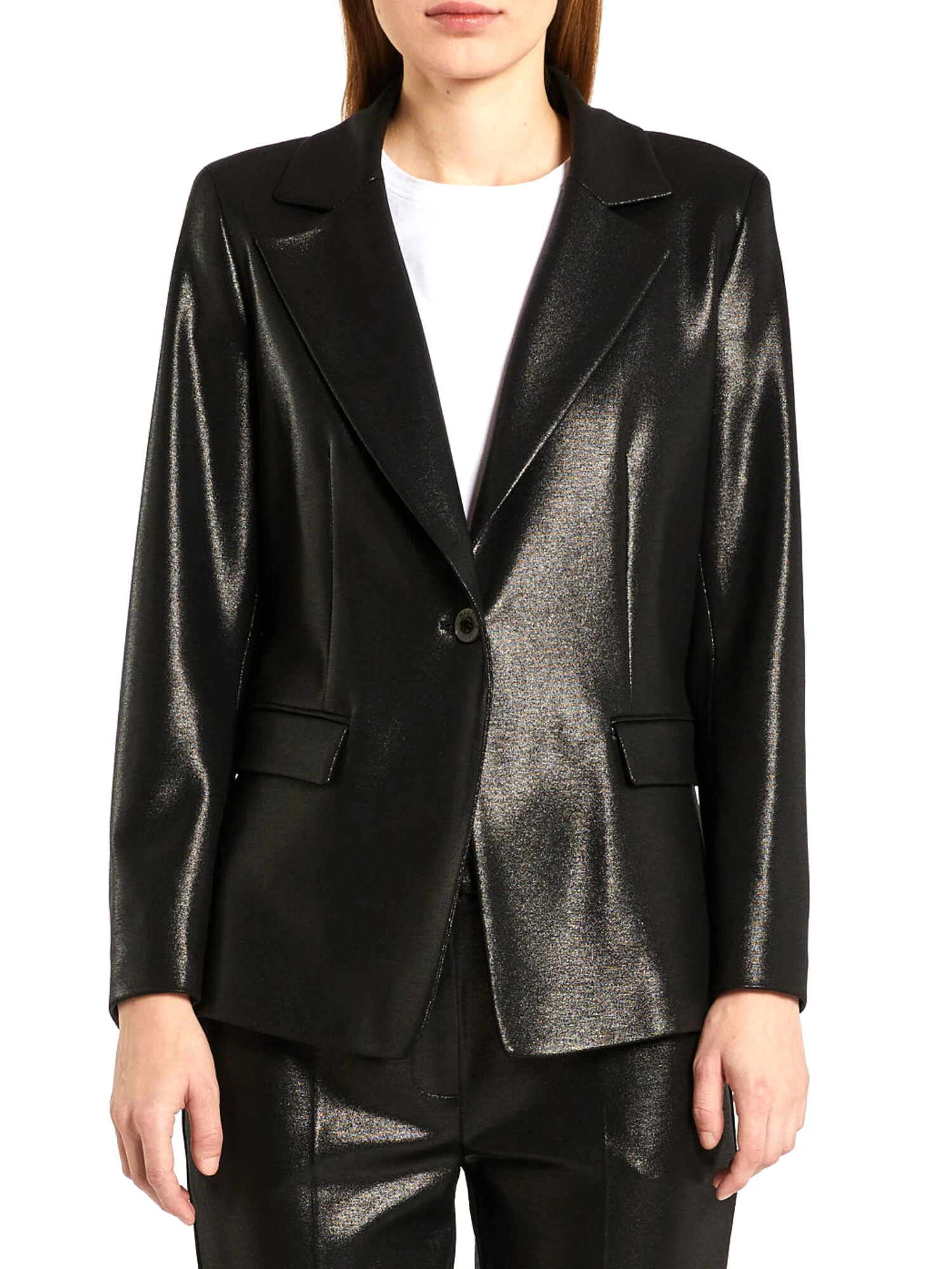 GIACCA BLAZER MONOPETTO IN PUNTO MILANO LAMINATO DONNA NERO