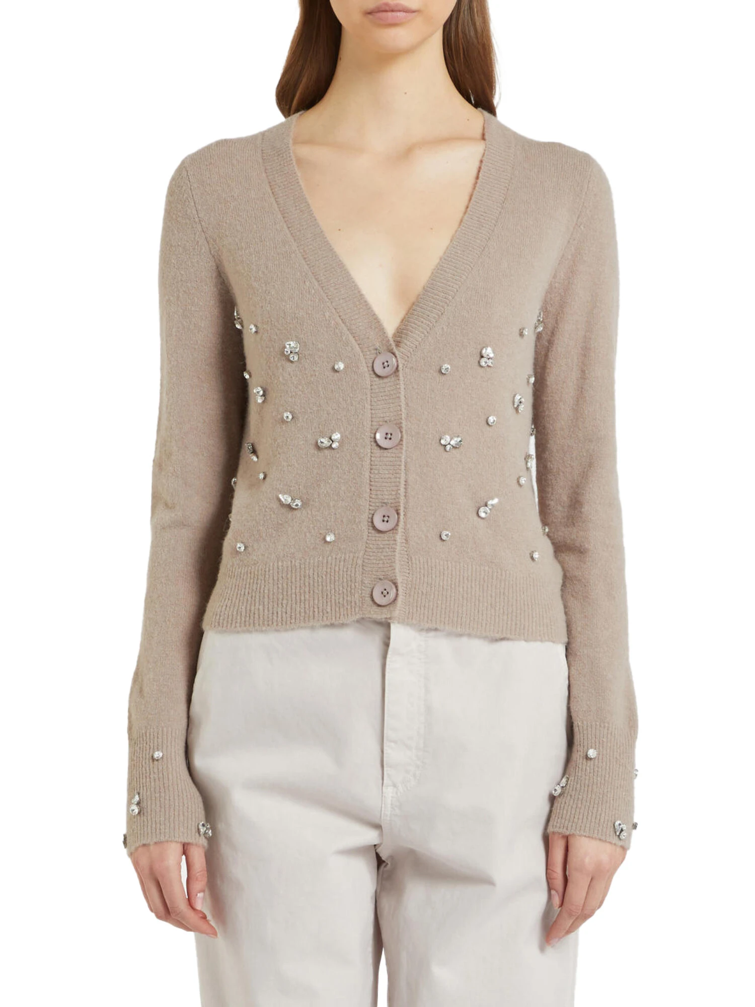 CARDIGAN IN FILATO DI LANA CON RICAMI DONNA BEIGE