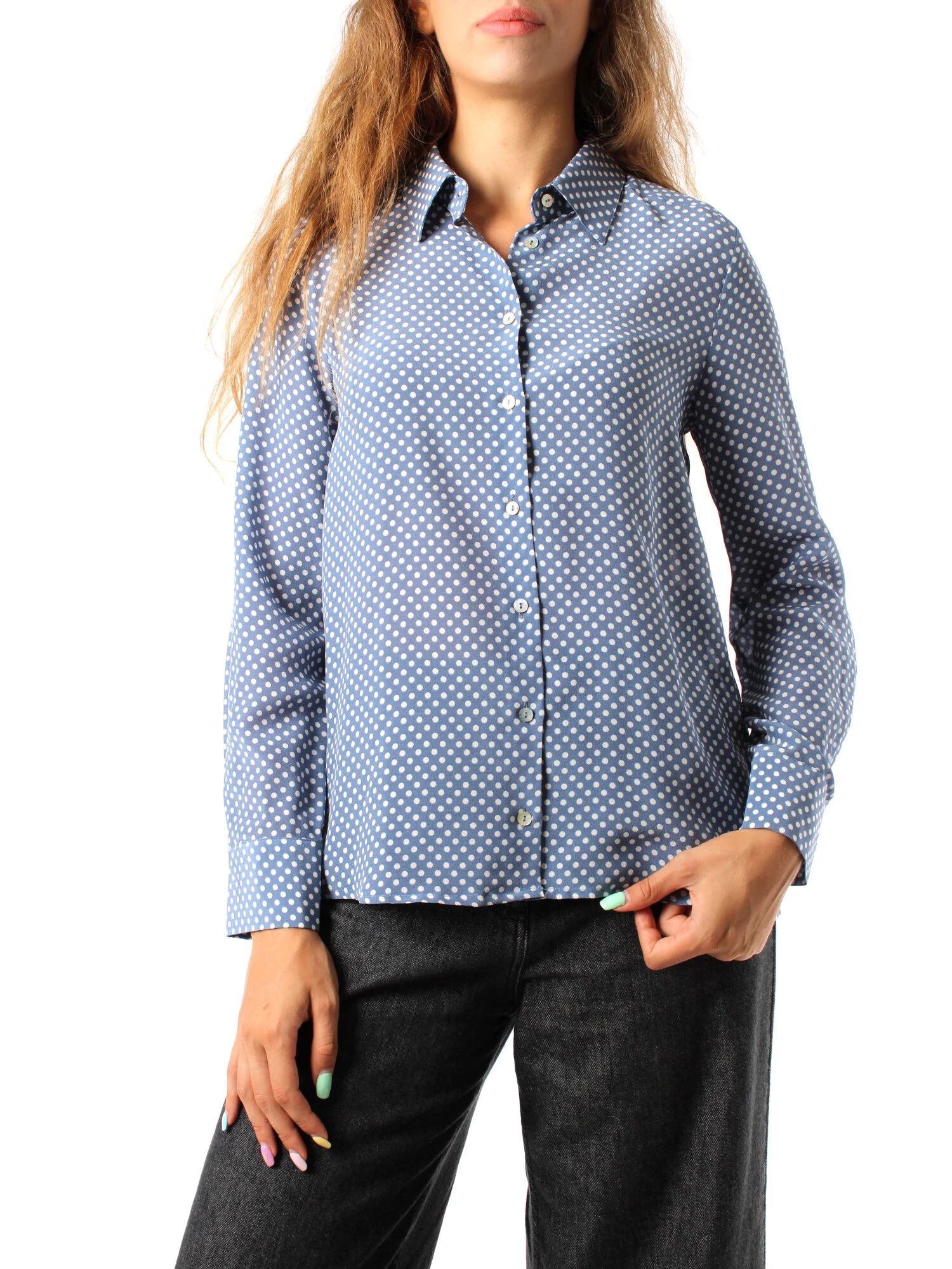 CAMICIA IN CREPE DI SETA CON STAMPA A POIS DONNA BLU