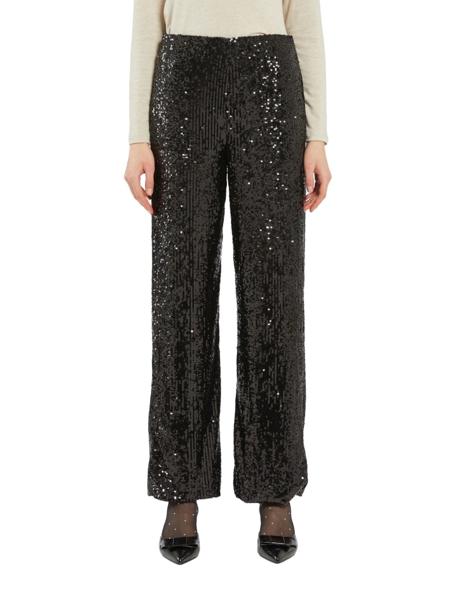 PANTALONI PALAZZO IN TULLE RICAMATO CON PAILLETTES DONNA NERO