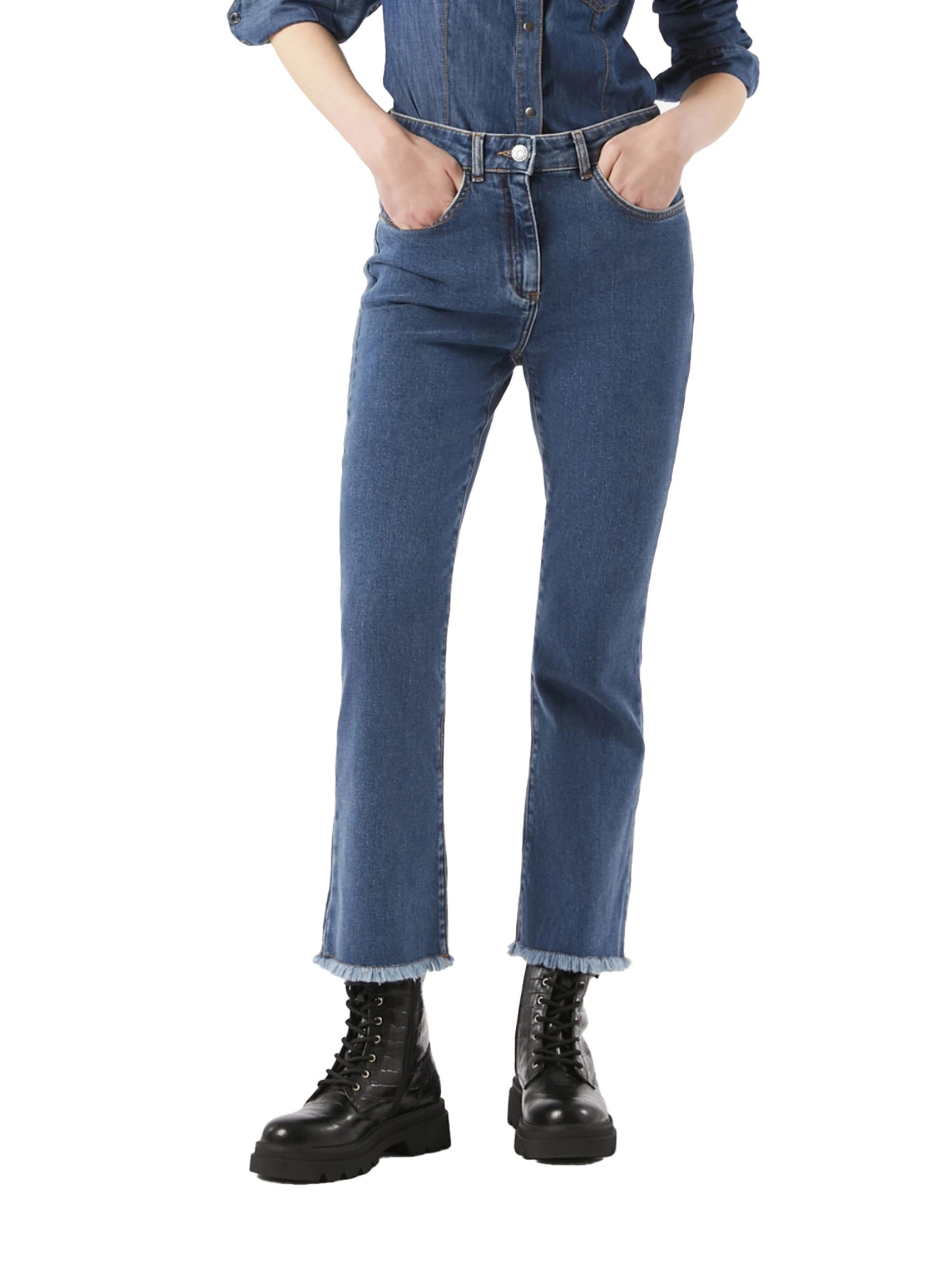 JEANS CROPPED LINEA FLARE IN DENIM DI COTONE DONNA BLU