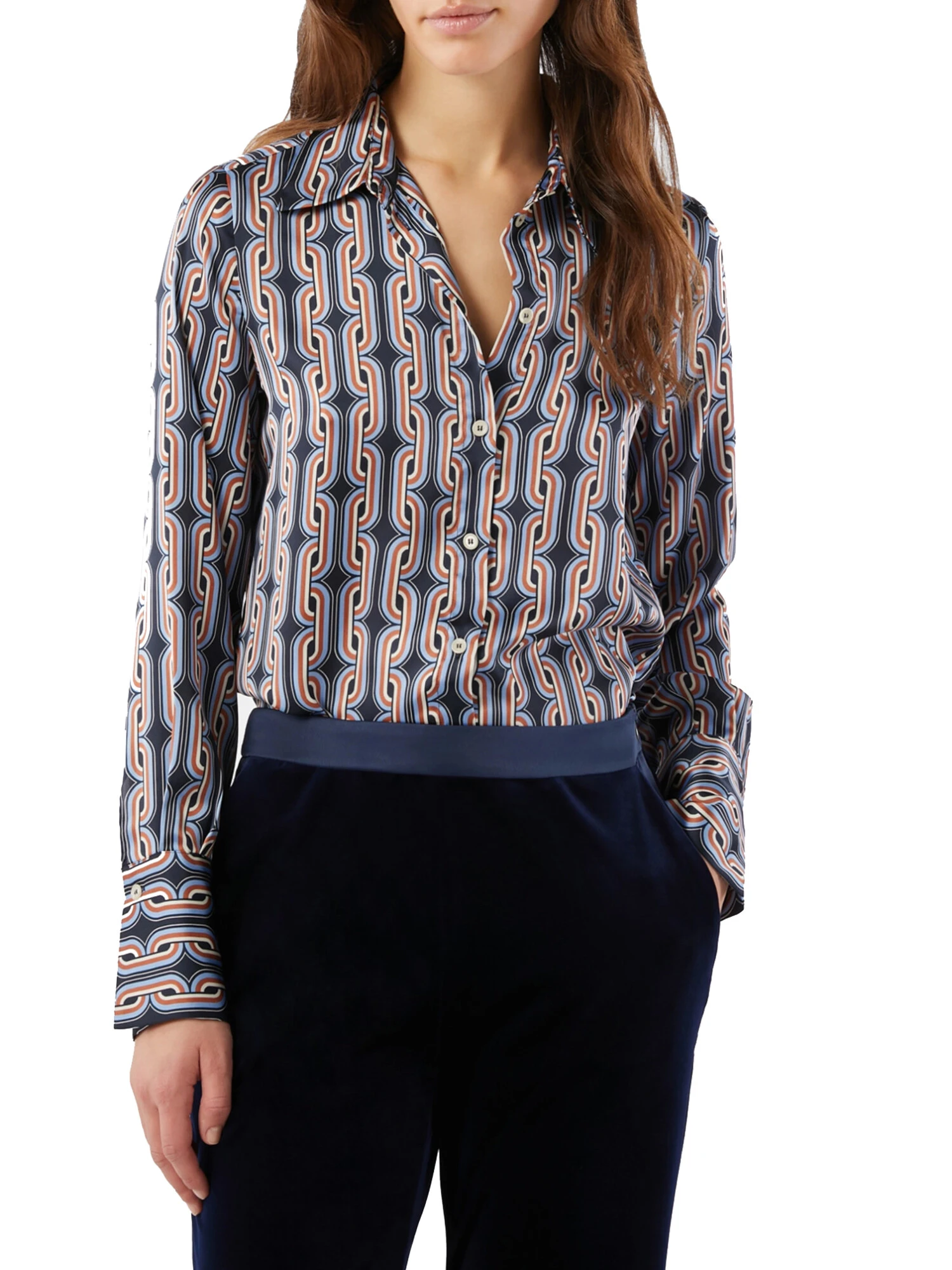 CAMICIA IN RASO CON STAMPE GEOMETRICHE DONNA BLU