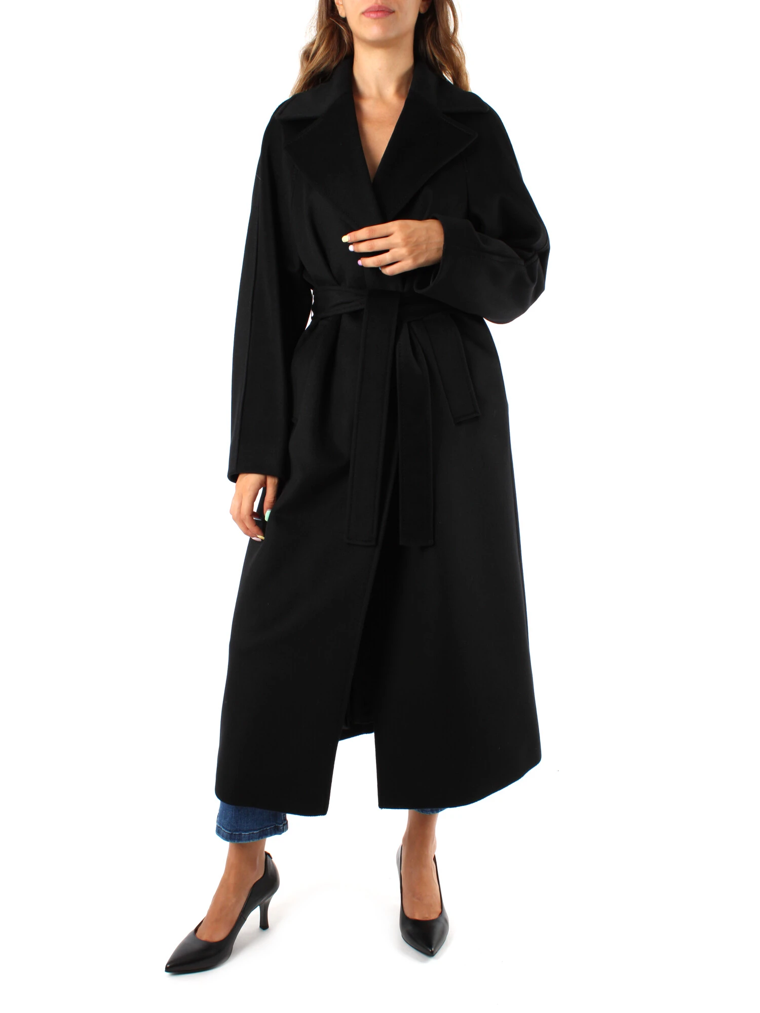 CAPPOTTO LUNGO A VESTAGLIA CON CINTURA DRAP DI LANA DONNA NERO