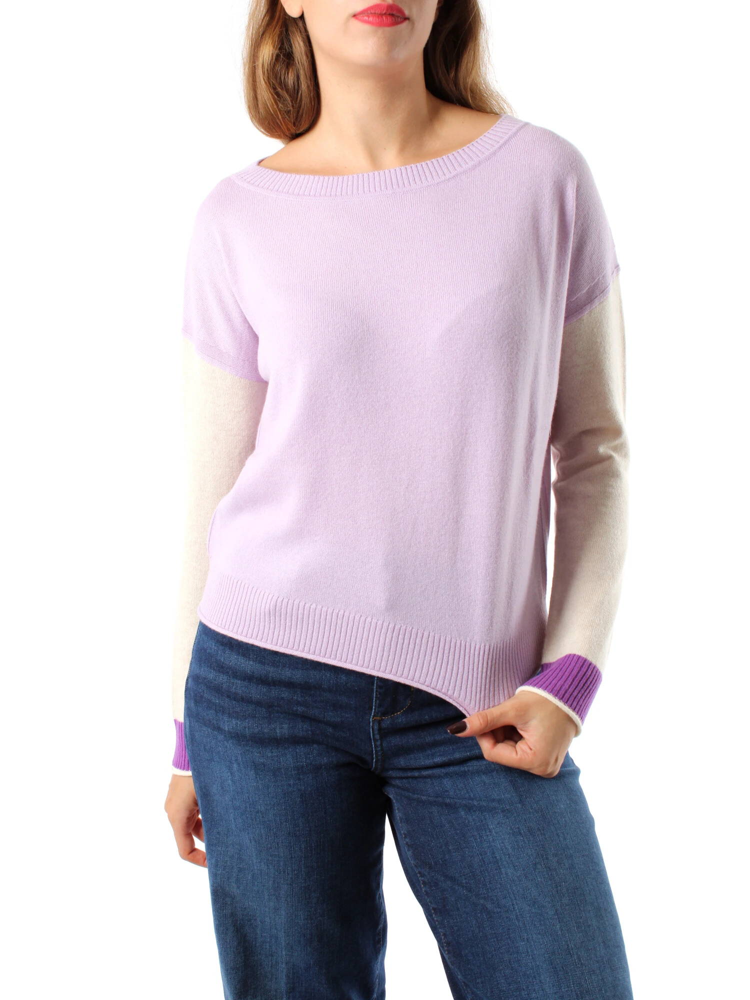 MAGLIA SCOLLO A BARCA IN LANA MISTO CASHMERE DONNA LILLA