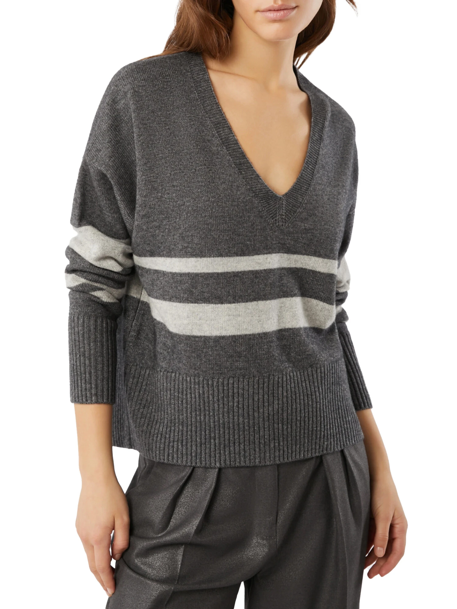 MAGLIA SCOLLO A V IN MISTO LANA E CASHMERE DONNA GRIGIO