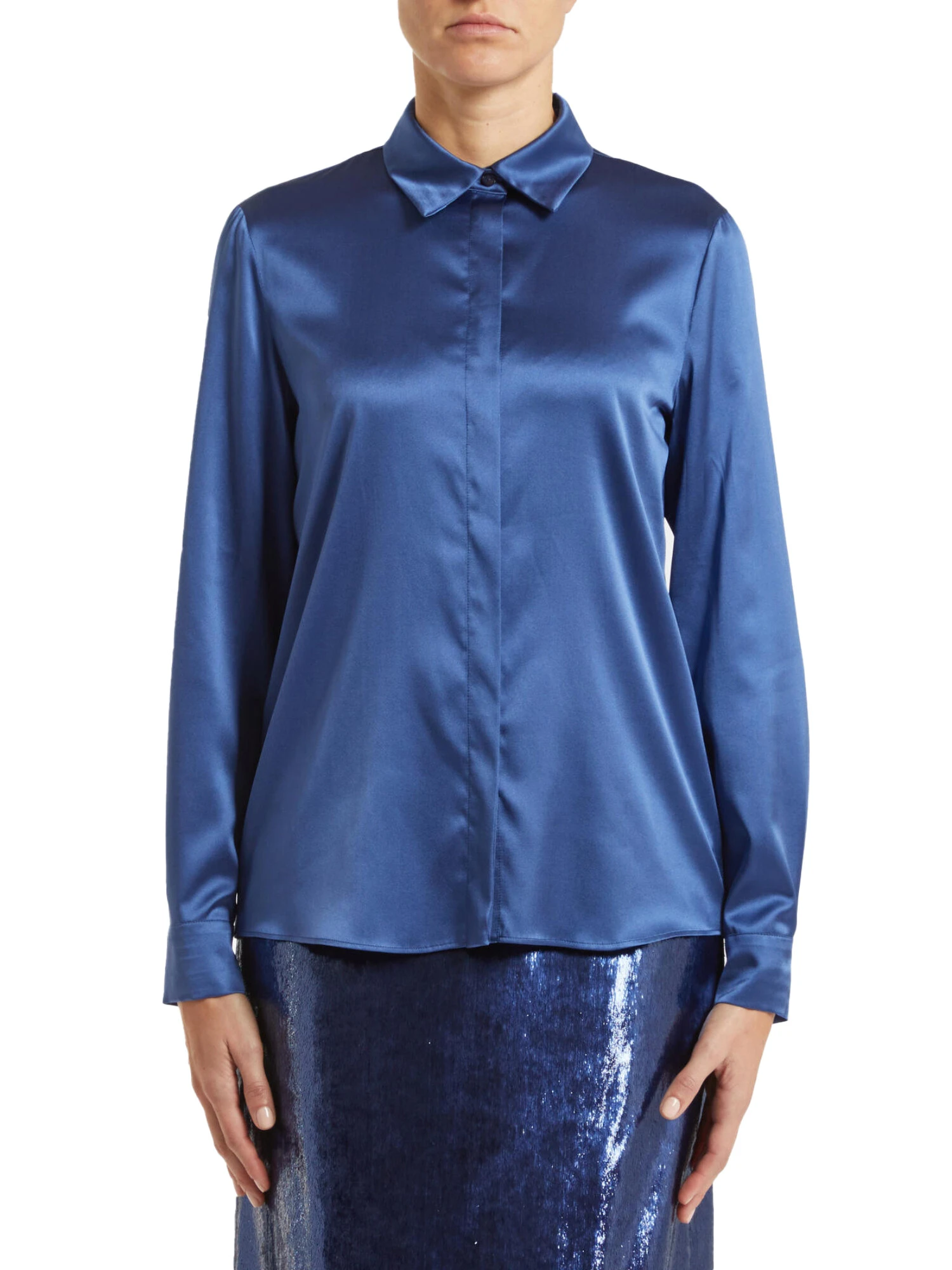 CAMICIA IN RASO DI SETA MONOELASTICA CON TRAMA DONNA BLU