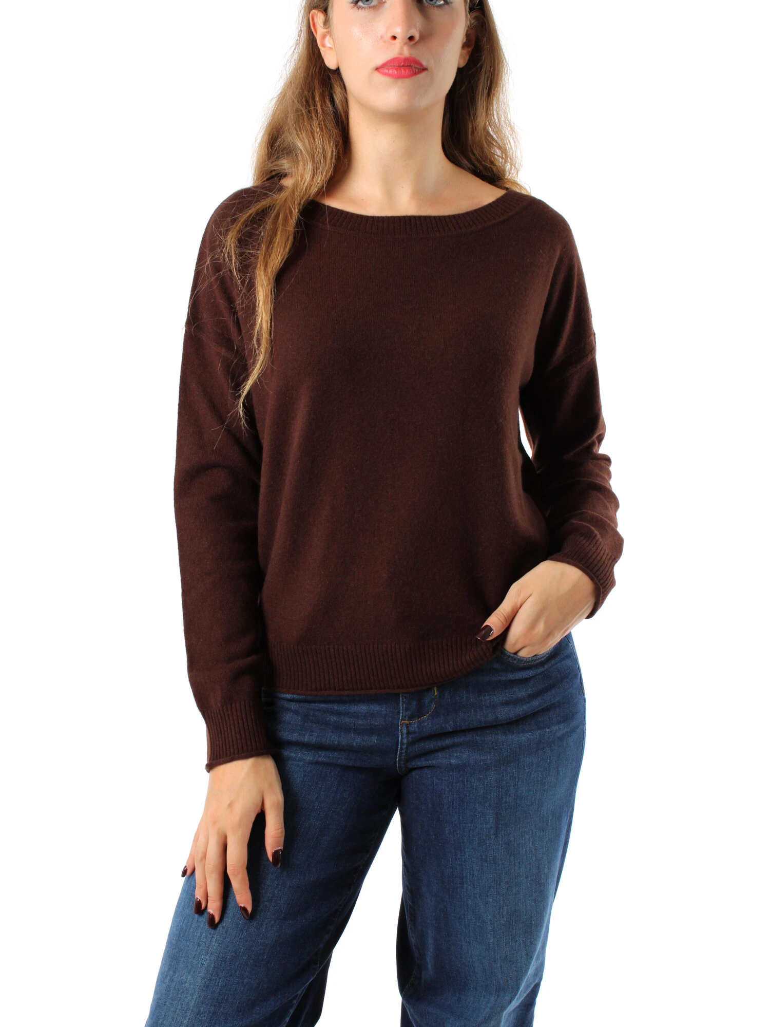 MAGLIA SCOLLO A BARCA IN LANA MISTO CASHMERE DONNA MARRONE