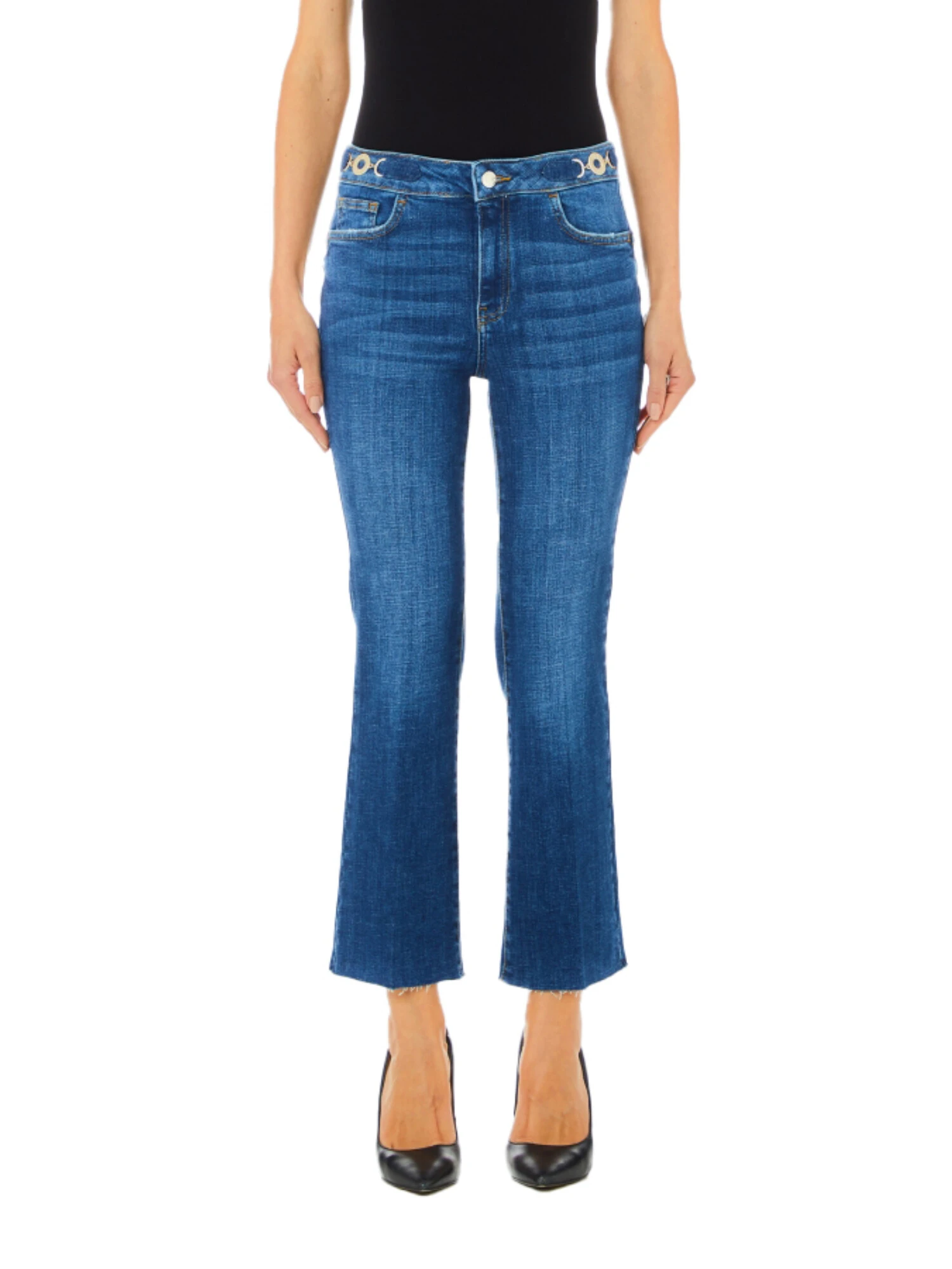 JEANS CROPPED A TROMBETTA CON PLACCA LOGO DONNA BLU