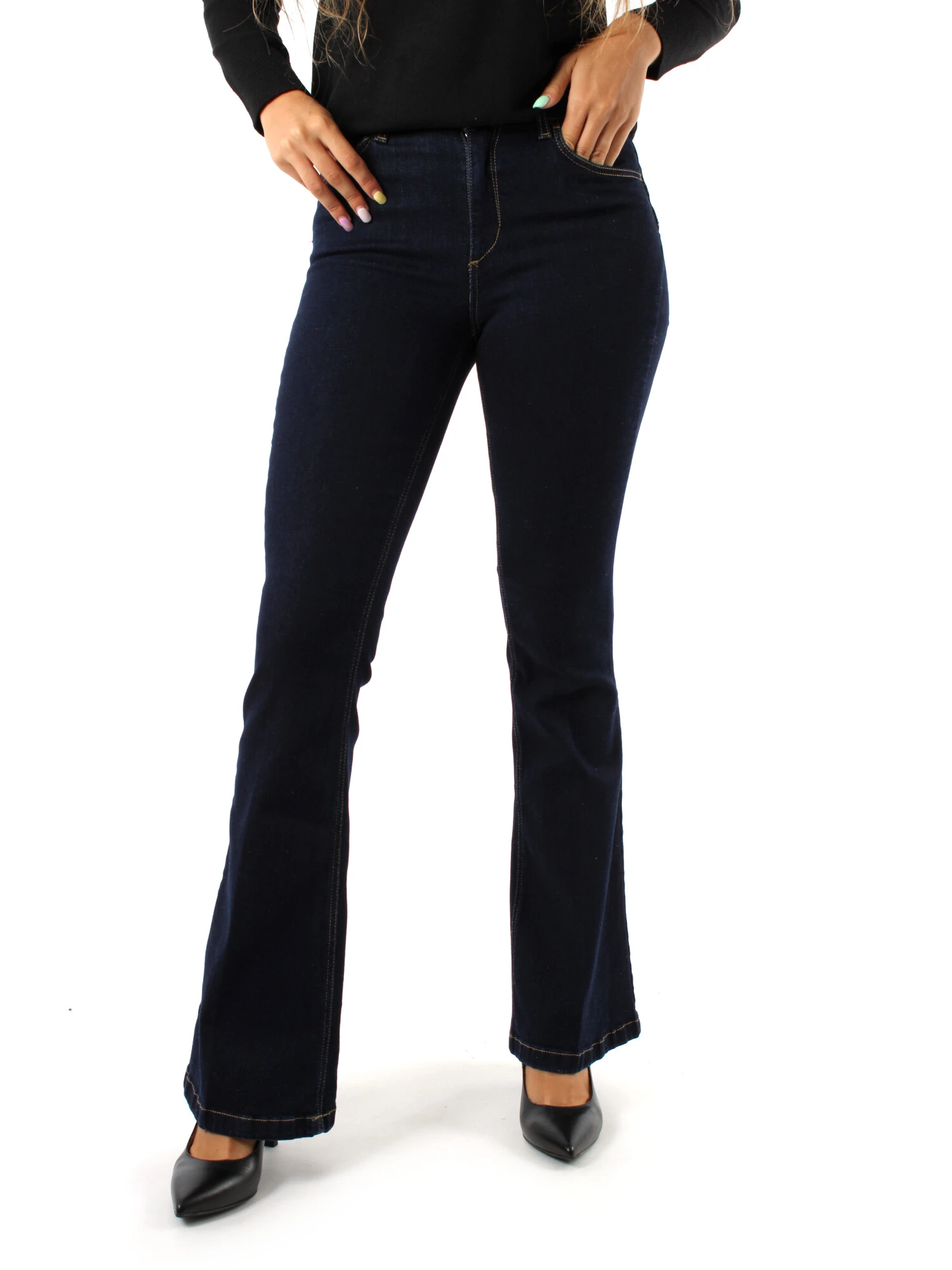 JEANS A ZAMPA EFFETTO LAVATO IN DENIM MISTO COTONE DONNA BLU