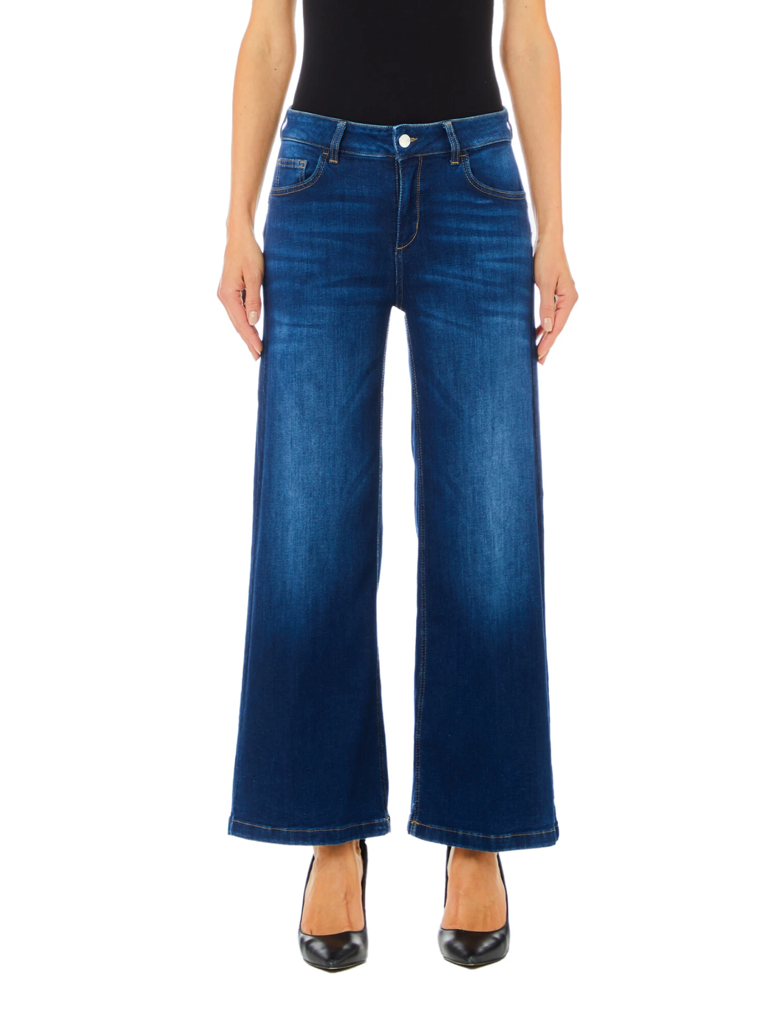 JEANS CROPPED GAMBA LARGA MISTO COTONE DONNA BLU