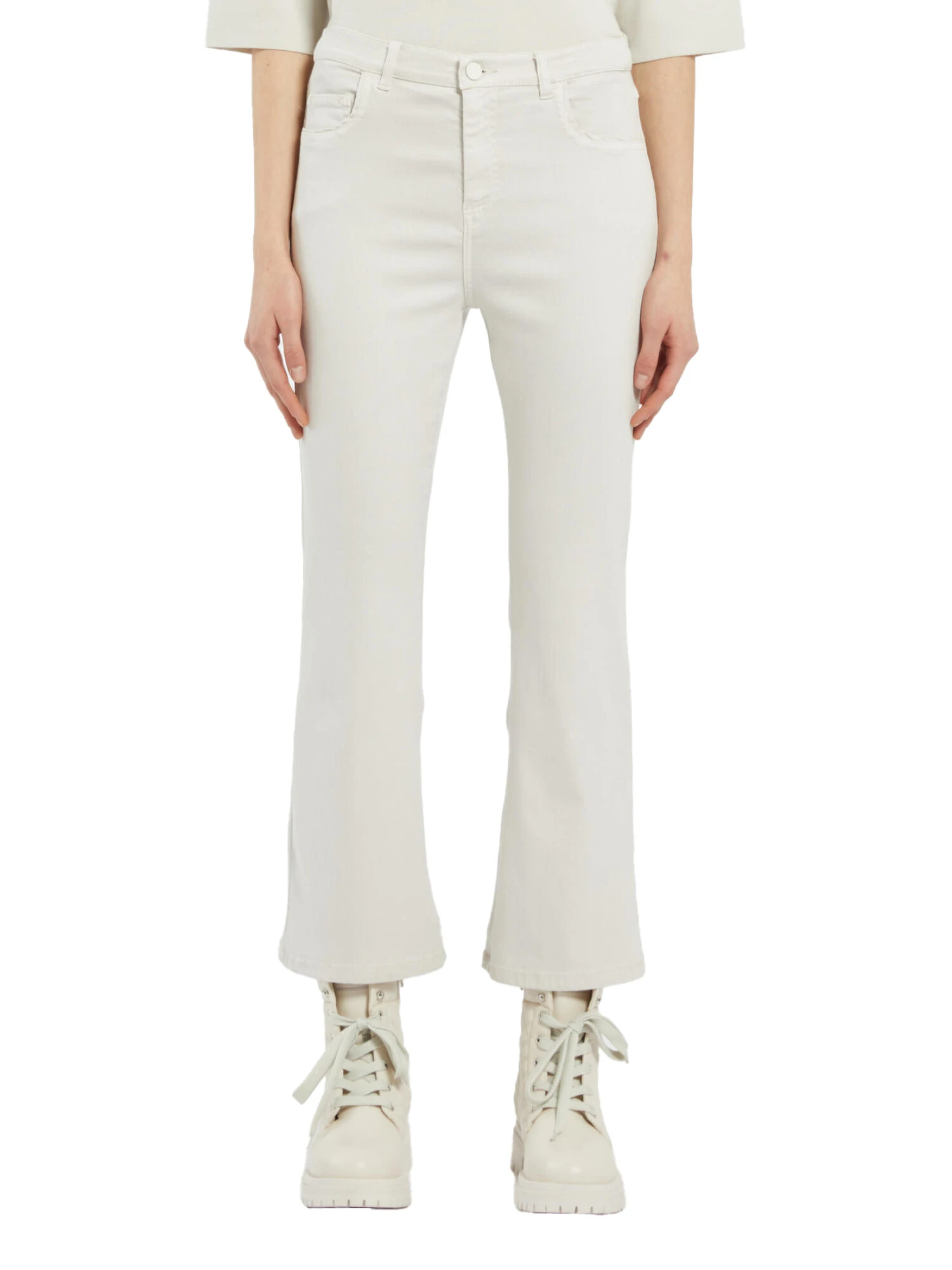 JEANS CROPPED A TROMBETTA MISTO COTONE ELASTICO DONNA BIANCO