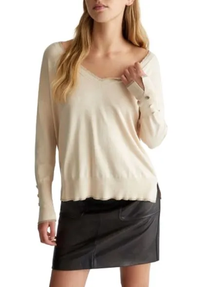 MAGLIA SCOLLO A V BORDI A COSTINE DONNA BEIGE