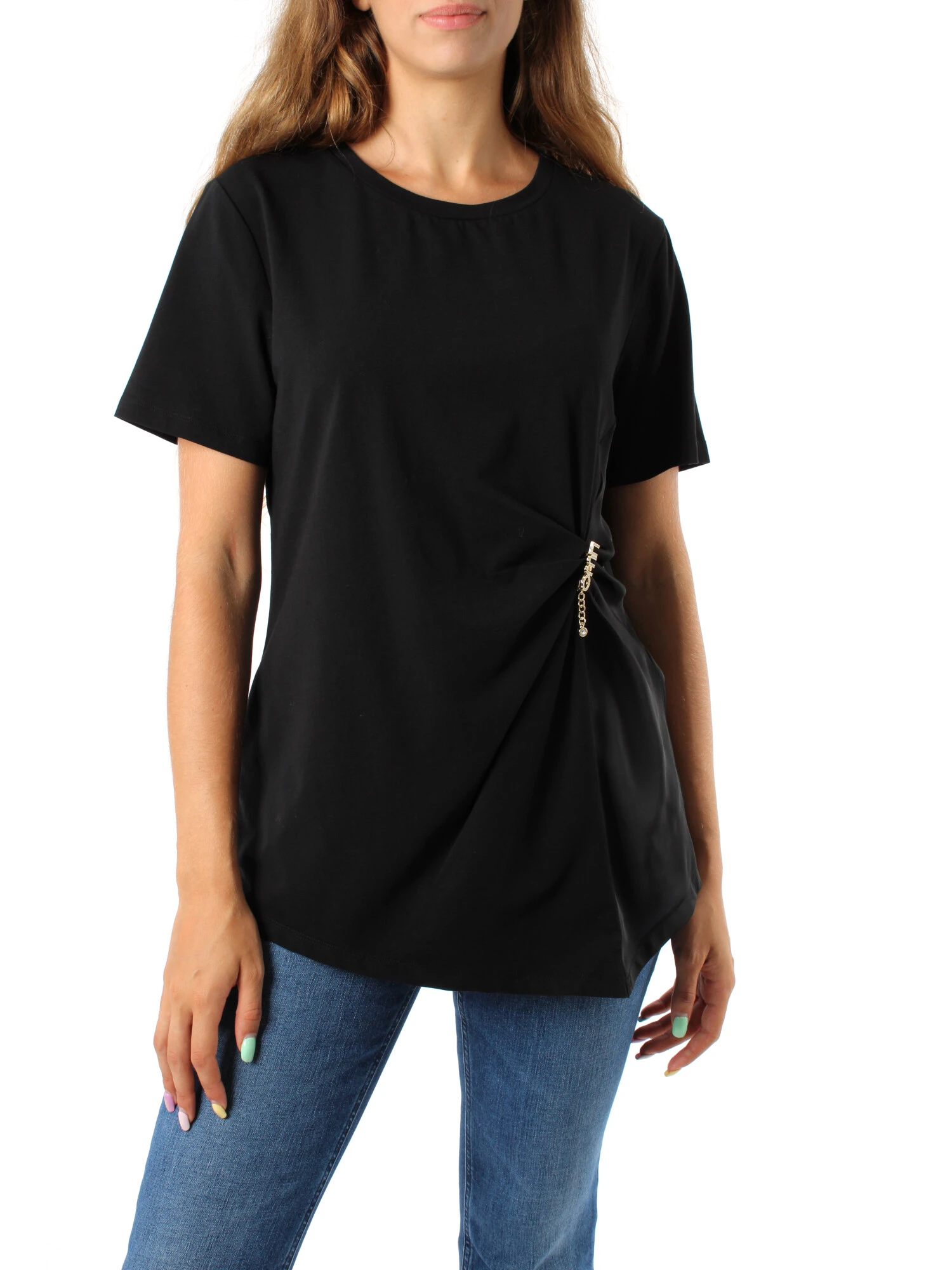 T-SHIRT MANICA CORTA CON STRASS E CHARM DONNA NERO