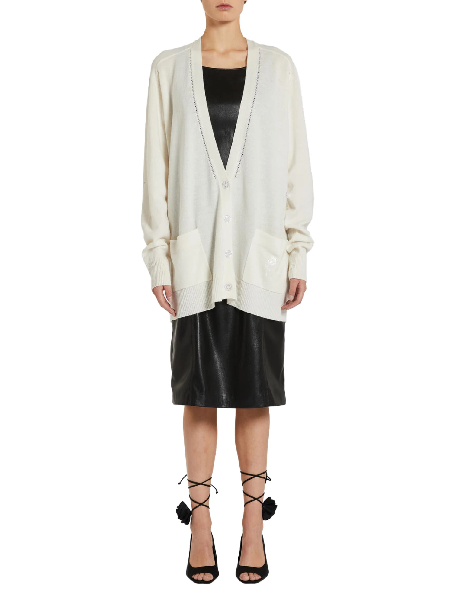 CARDIGAN LUNGO CON RICAMI IN PURA LANA DONNA BIANCO