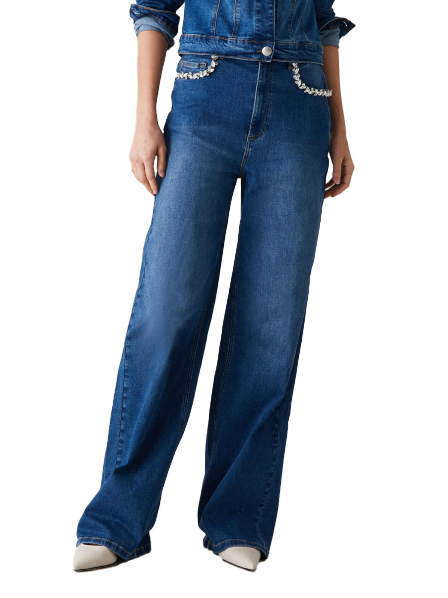 JEANS PALAZZO CON APPLICAZIONI GIOIELLO DONNA BLU