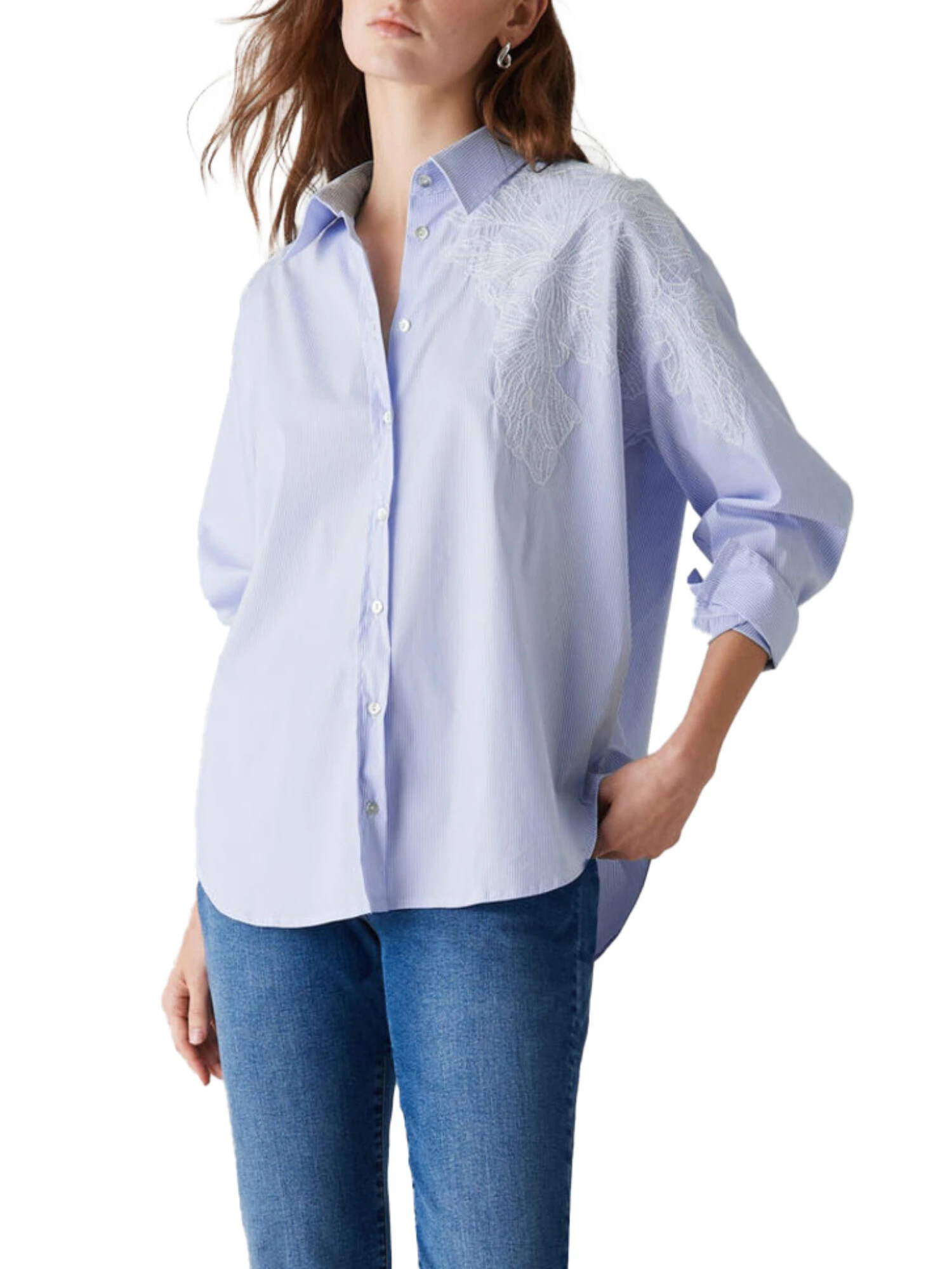 CAMICIA OVER CON FIORE IN PIZZO DONNA AZZURRO