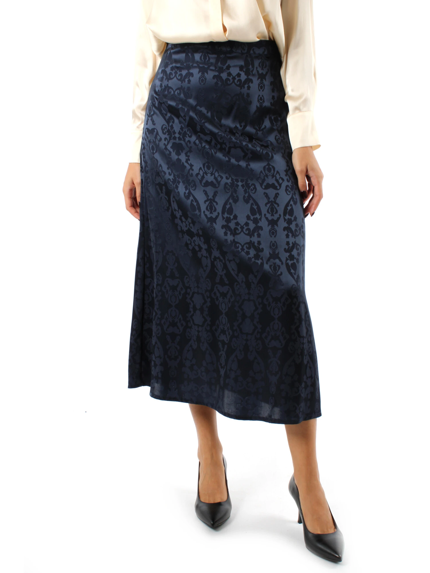 GONNA LUNGA IN SATIN JACQUARD DONNA BLU