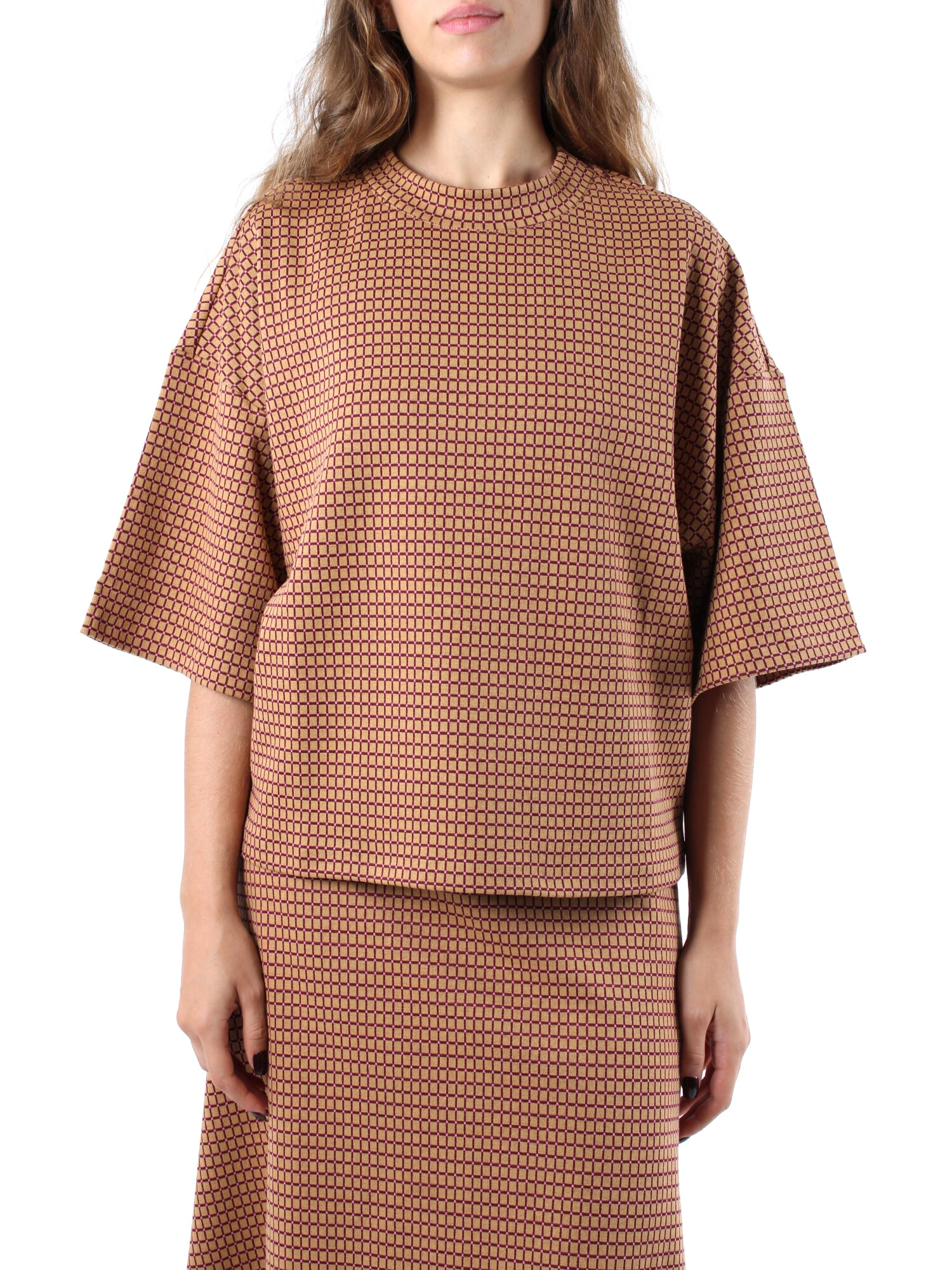 T-SHIRT MANICA CORTA OVER A QUADRETTI DONNA BEIGE