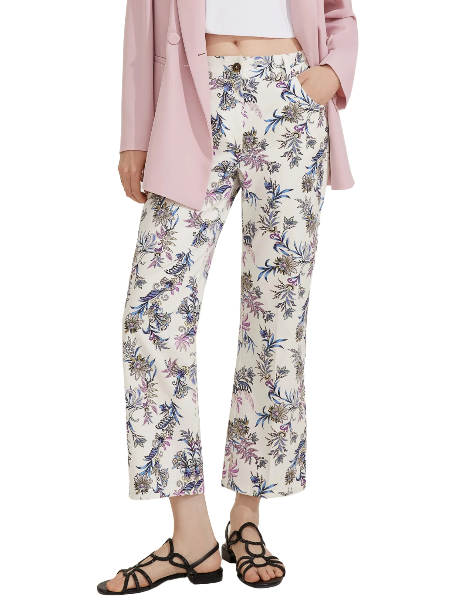 PANTALONI CROPPED CON STAMPA FLOREALE DONNA BIANCO