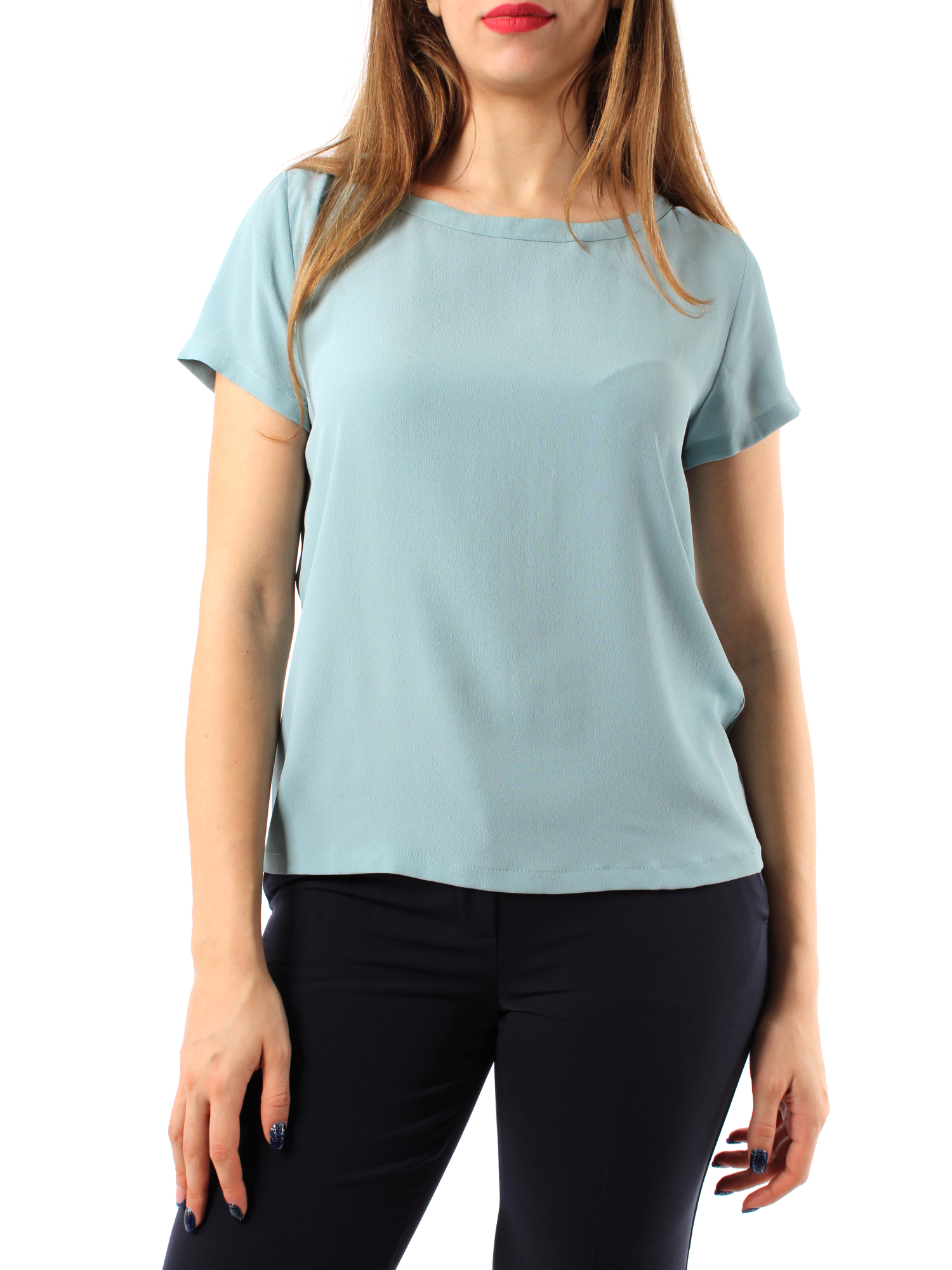 BLUSA A MANICA CORTA IN CRÊPE MISTO SETA DONNA CELESTE