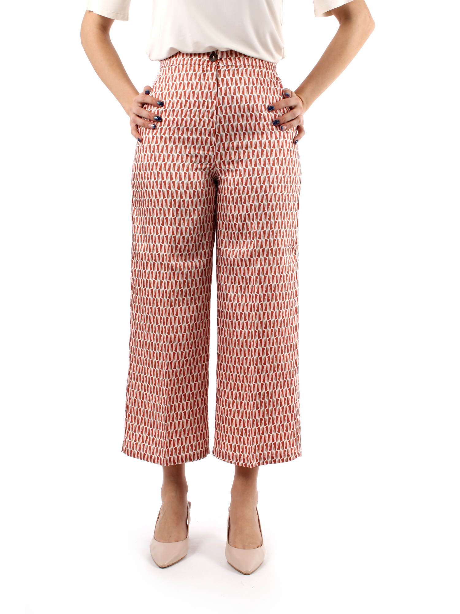 PANTALONE CROPPED A FANTASIA GEOMETRICA DONNA ROSSO