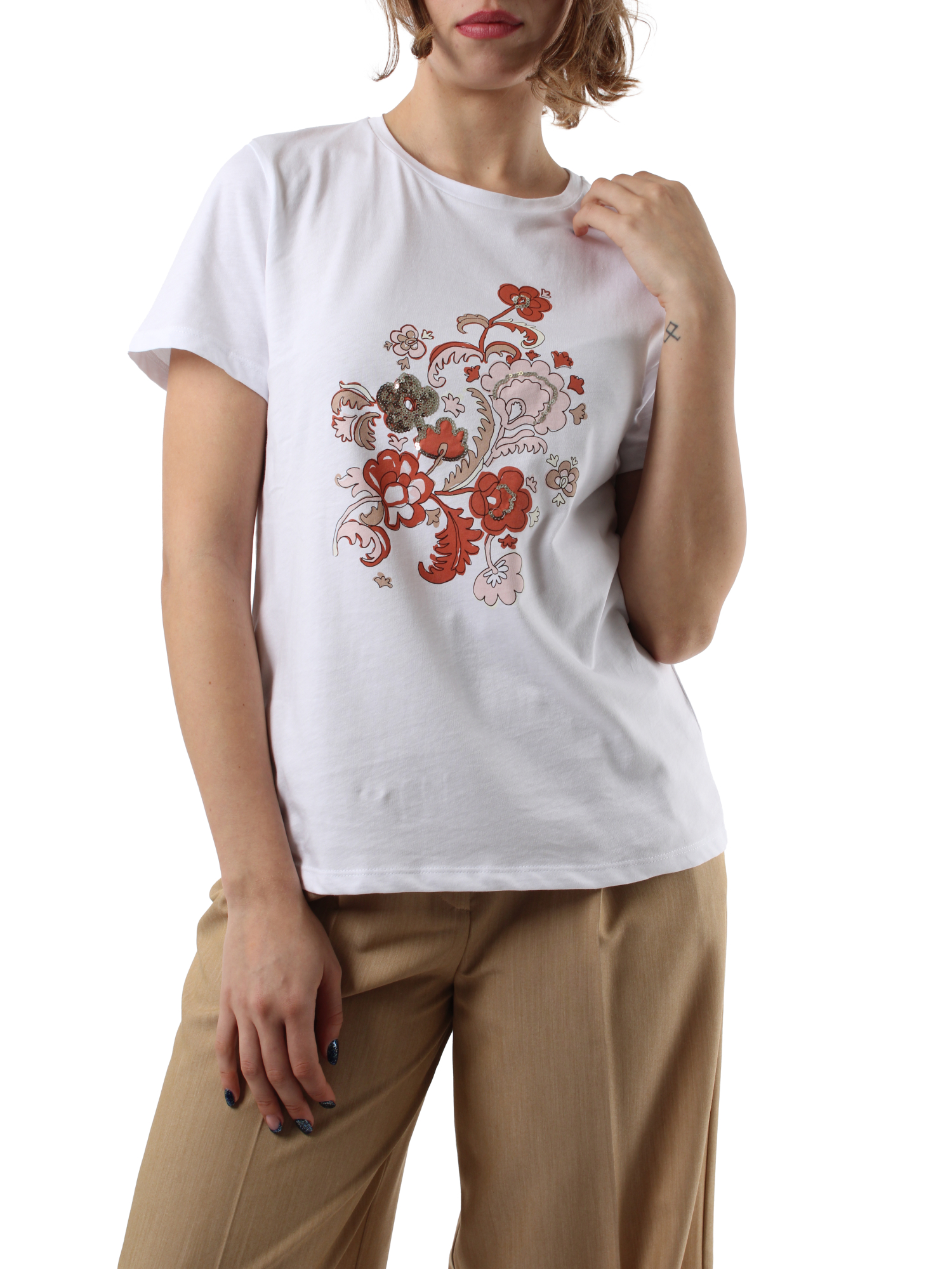 T-SHIRT MANICA CORTA IN JERSEY CON STAMPA FLOREALE DONNA BIANCO